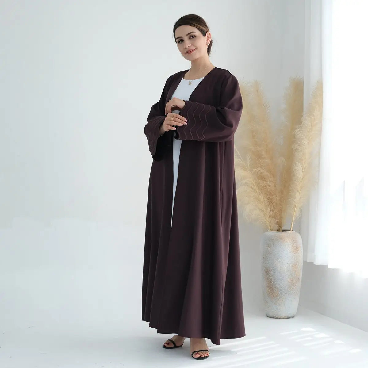 Elegant Hijab Embroidery Sleeve Cardigan Open Abaya Dress for Muslim Women - Perfect for Prayer, Mosque Visits & Special Occasions