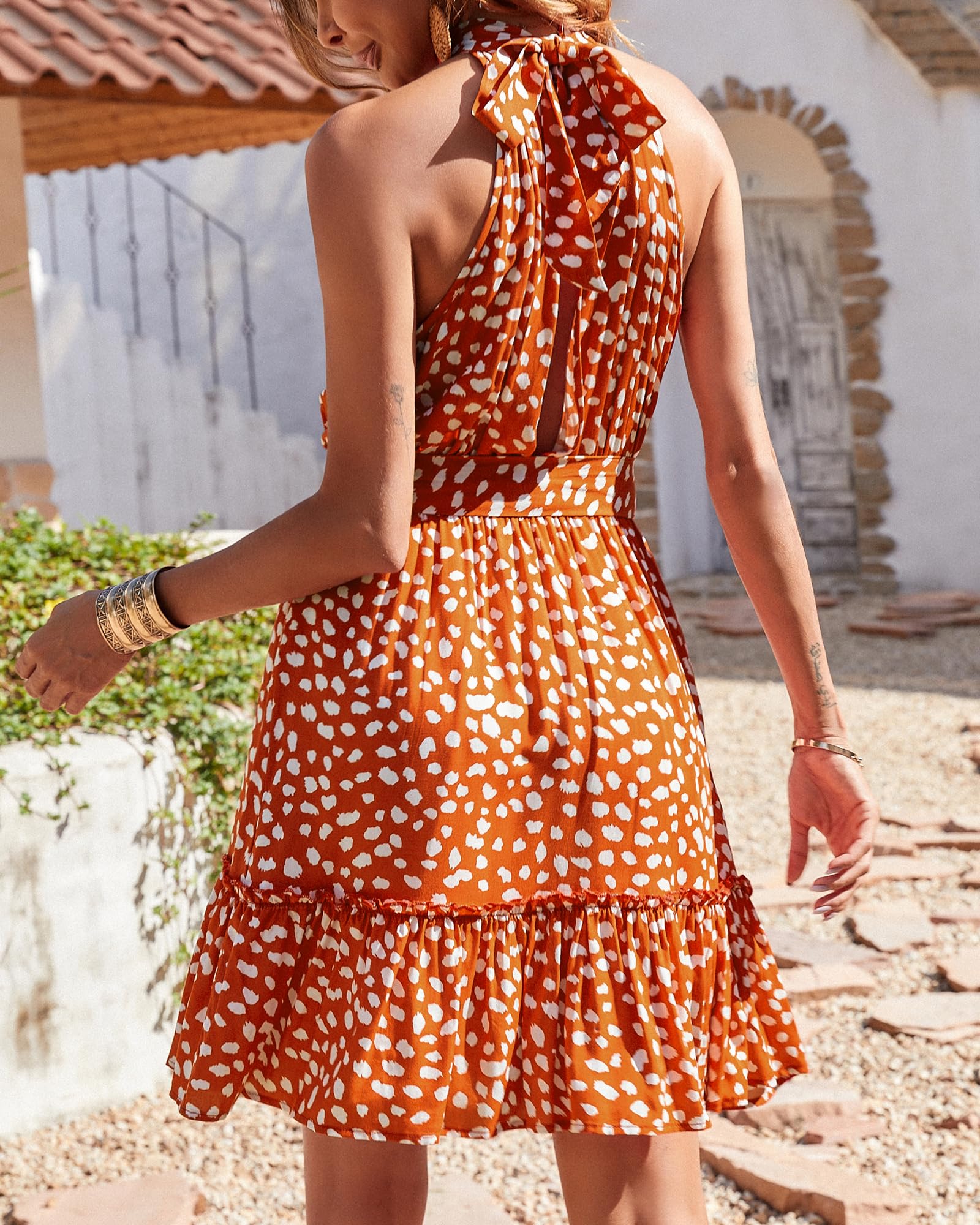 BTFBM Women's Halter Neck Summer Dress 2025 - Floral & Polka Dot Sleeveless Boho Mini Dress with Ruffle Trim | Casual Beachwear, Spring Outfits, Vacation Dress for Pool Party & Summer Travel