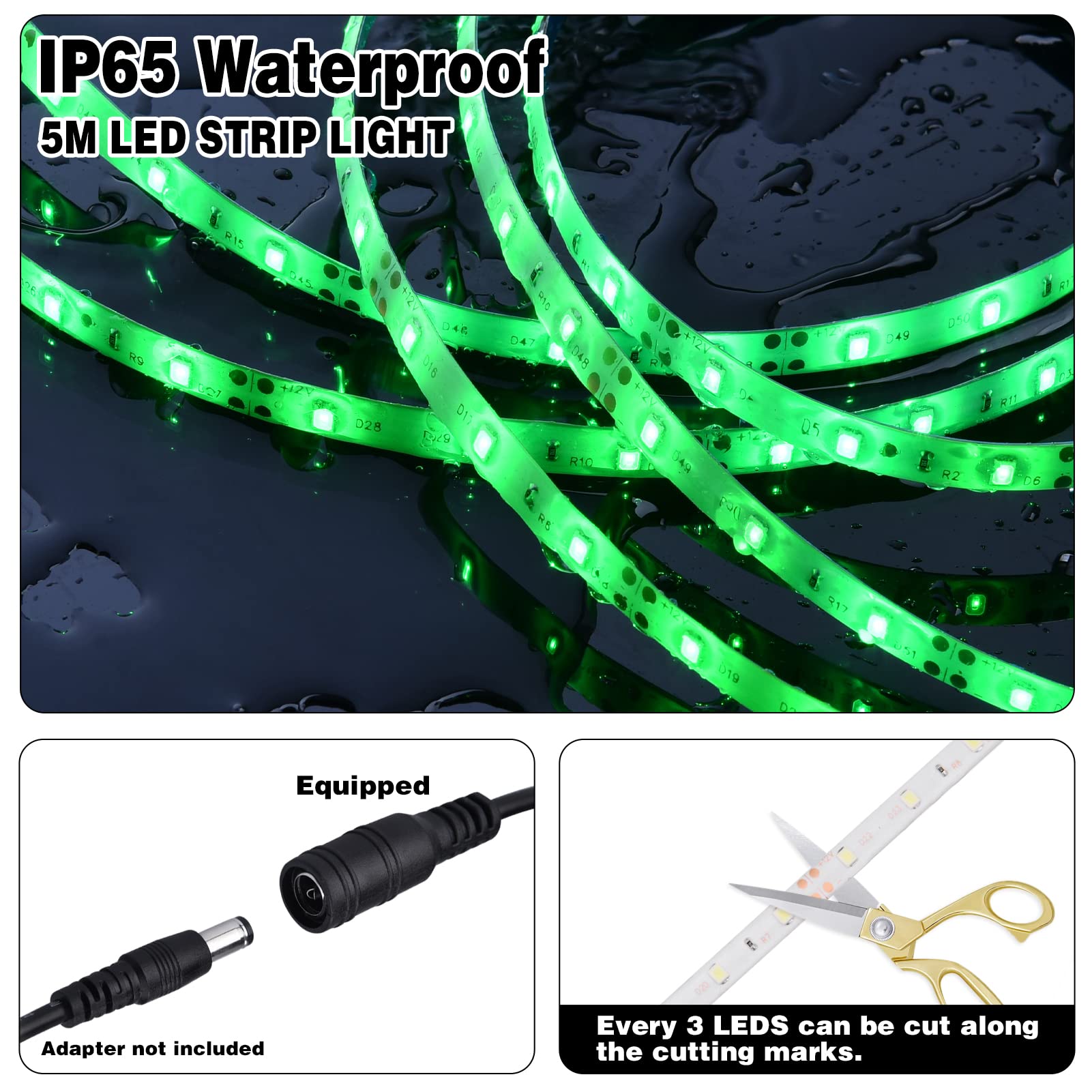 iNextStation 12V Green LED Strip Lights - 16.4ft/5M Flexible Waterproof 300 SMD2835 LED Rope Light - Cuttable LED Tape for Bedroom, Outdoor, Indoor Decor (Power Adapter Not Included) - Perfect for Home Lighting, Party Decor, Christmas Lights, and DIY Projects