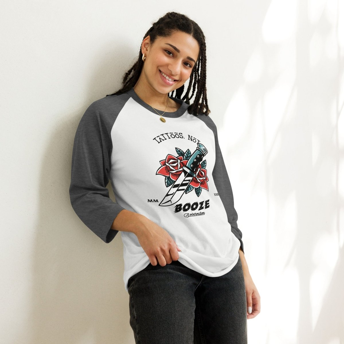 Rose Dagger Design 3/4 Sleeve Raglan Shirt for Tattoo Lovers - Stylish Casual Wear for Tattoo Shops, Concerts & Alternative Fashion
