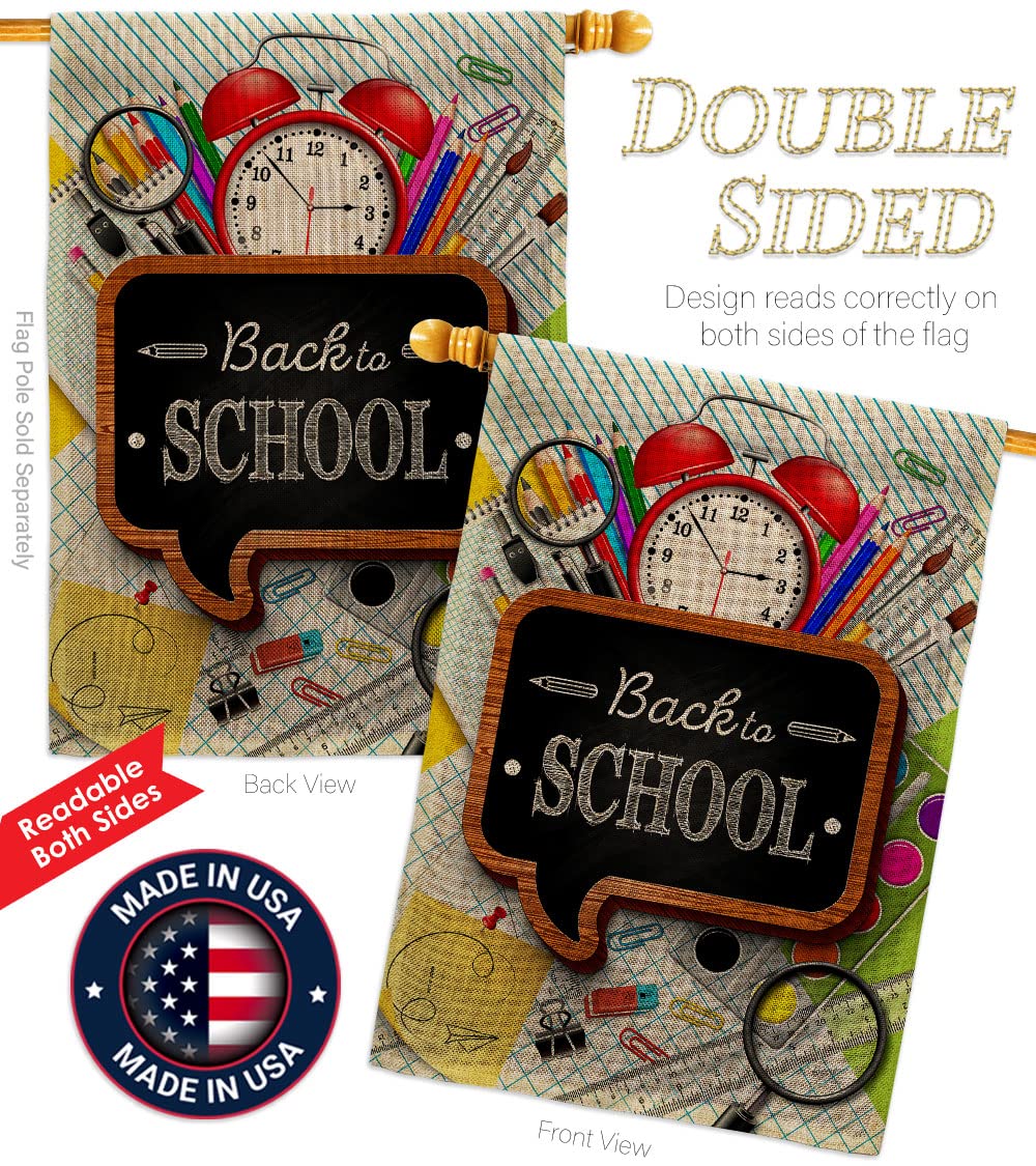 Breeze Decor School Time Burlap House Flag - Double-Sided Back to School Decoration for Teachers & Students, First Day of School Supplies, Classroom & Yard Banner, Made in USA - Perfect for School Events, Classroom Decor & Garden Gifts