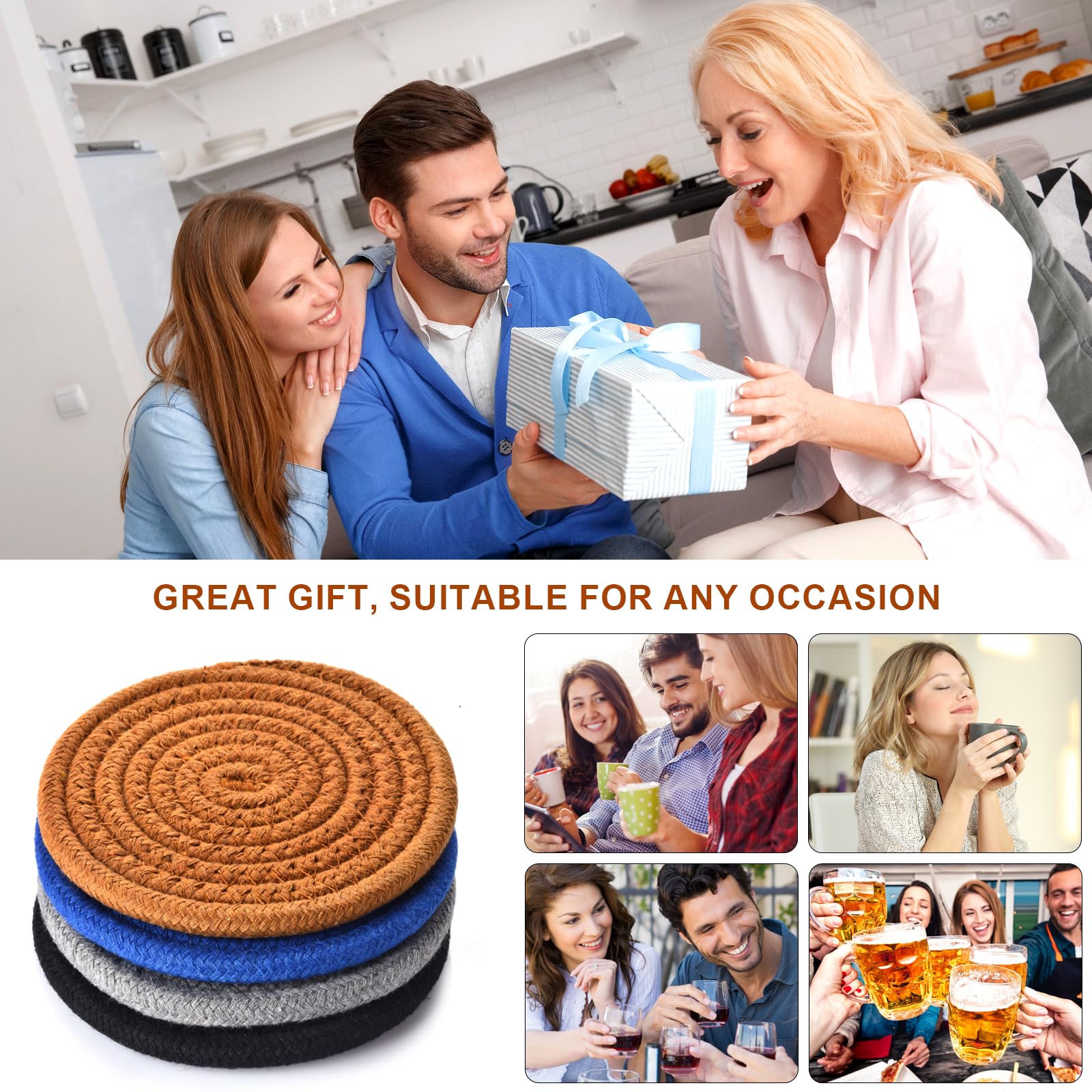 4-Pack Cotton Drink Coasters for Beer, Coffee & Mugs - Absorbent & Durable Table Decor for Home, Kitchen, Bar - Perfect Housewarming Gift & Party Essentials (Great for Dinner Parties & Outdoor BBQs)