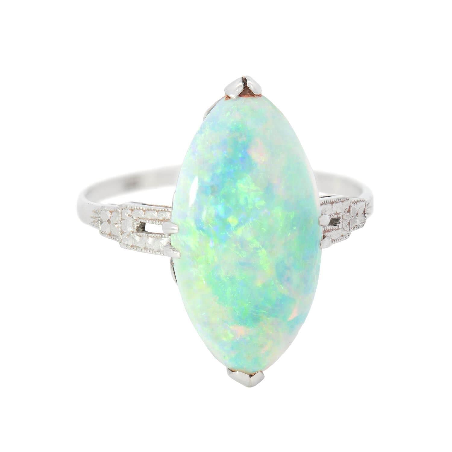 Exquisite Edwardian Platinum Marquise Cut Opal Ring - Vintage Inspired Jewelry for Weddings, Anniversaries & Special Occasions