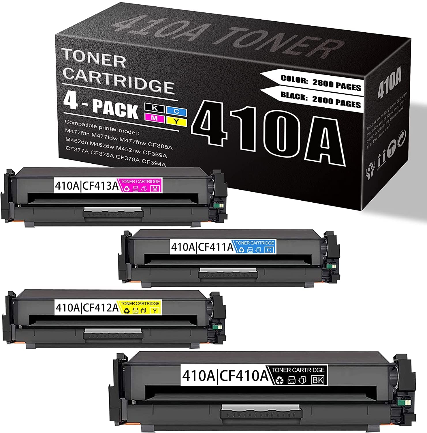 4-Pack (1BK+1C+1M+1Y) HP CF410A CF411A CF412A CF413A Compatible Toner Cartridges Replacement for HP LaserJet M477fdn M477fdw M477fnw M452dn M452dw M452nw Printers - Home & Office Printing Solution