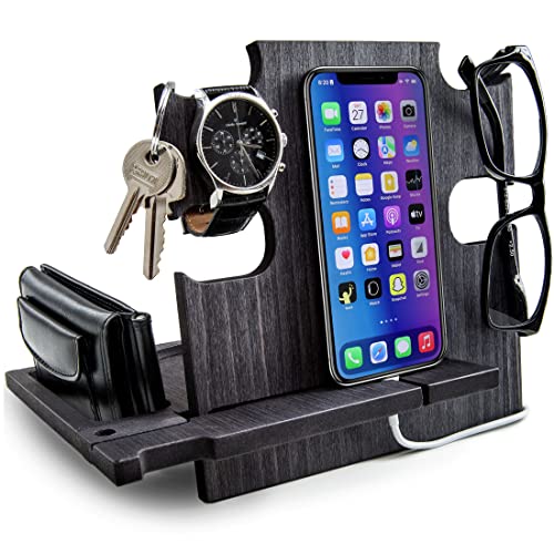 Premium Wooden Docking Station & Smartphone Stand - Ebony Desk Organizer with Charging Port | Perfect for Office, Nightstand & Home Decor