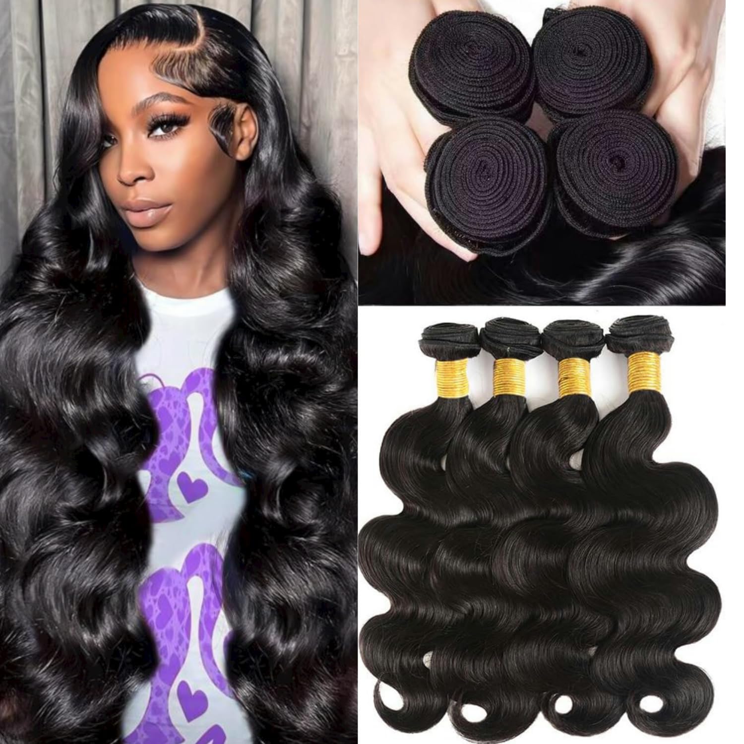 100% Unprocessed Brazilian Human Hair Bundles - Body Wave 24/26 Inch 4-Pack - Natural Black Hair Extensions for Women | Perfect for Styling, Volume Boosting & Everyday Wear