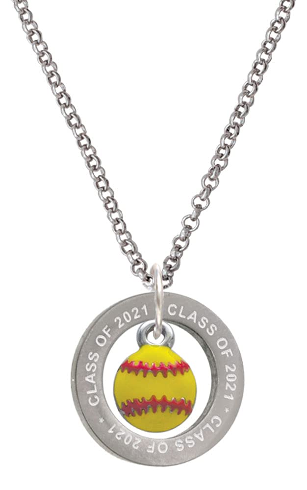 Delight Jewelry Silvertone Mini Yellow Softball Necklace - Class of 2021 Affirmation Ring Pendant, 23.5 Inch Adjustable Chain, Graduation Gift for Softball Players & Sports Fans