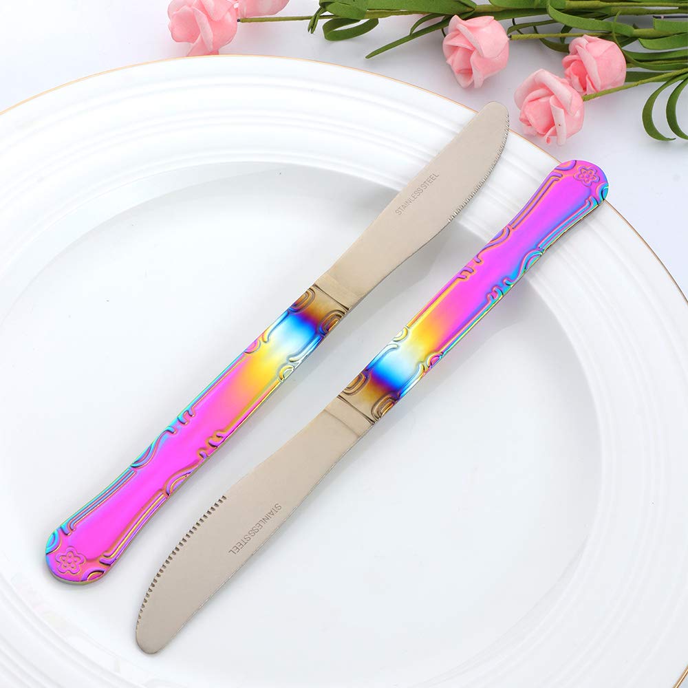 12-Piece Stainless Steel Dinner Knives Set - Flower Edge Table Knives with Gradient Rainbow Finish (8.6 Inches) - Classic Flatware for Home, Kitchen, or Restaurant Use - Perfect for Fine Dining, Dinner Parties & Everyday Meals