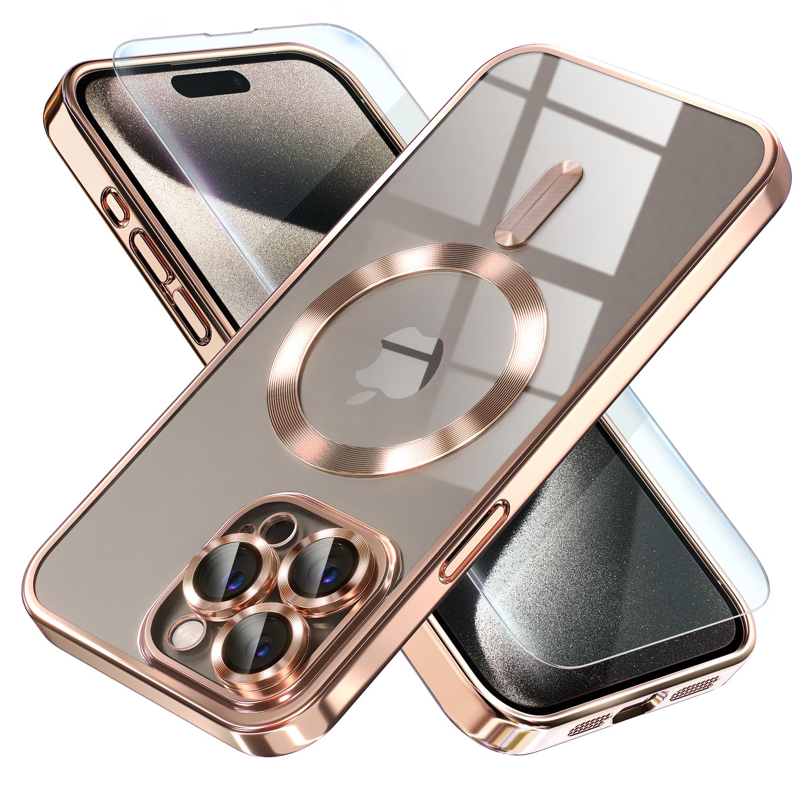 Misea Magnetic iPhone 15 Pro Max Case with MagSafe - Military Grade Drop Protection, Anti-Yellowing Clear Cover, Full Camera Lens Protector - Perfect for Women & Girls (Gold) | Everyday Protection & Stylish Design for Work, Travel & Social Outings