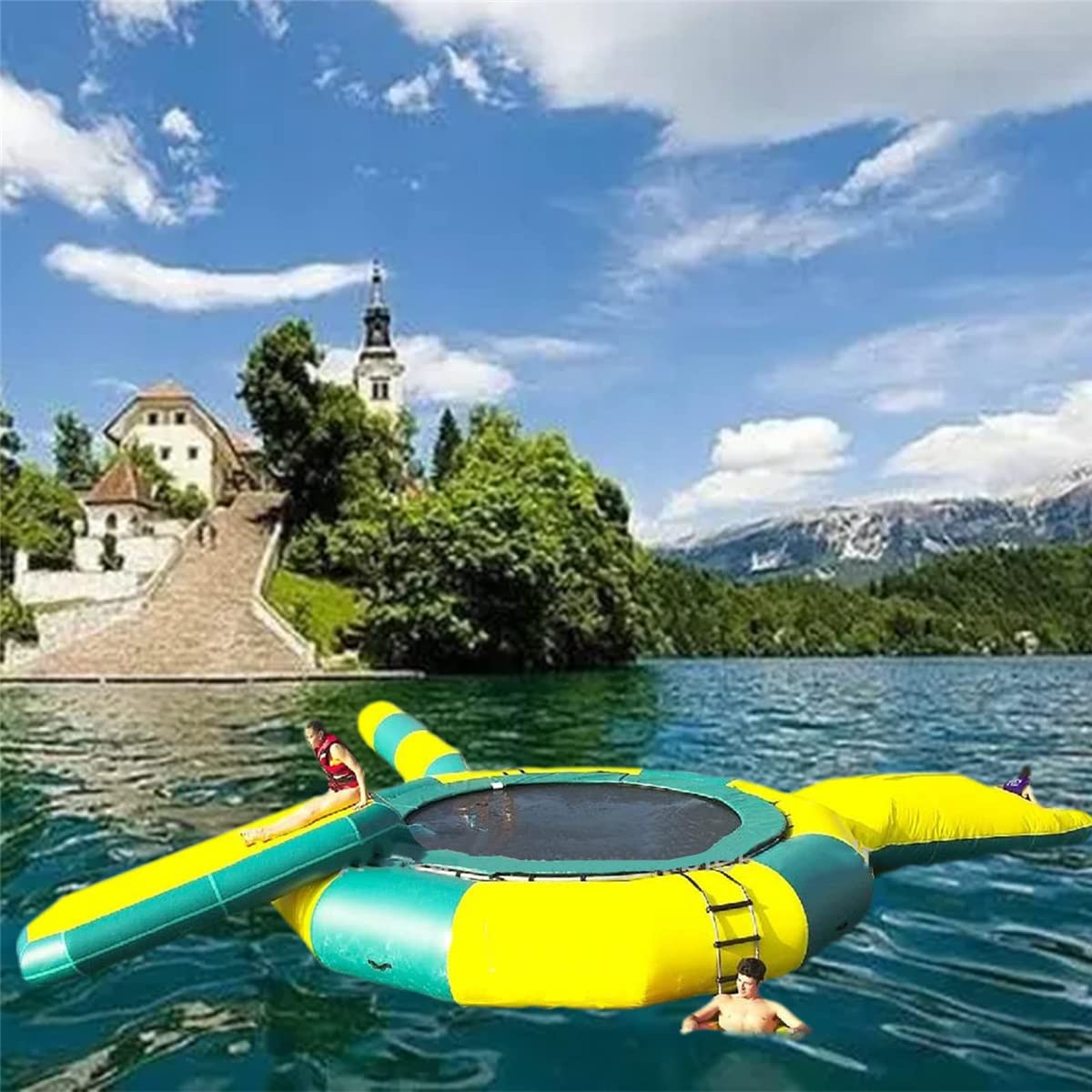 Inflatable Floating Water Trampoline with Tube & Slide - Heavy Duty Bounce Platform for Pool, Lake or Ocean - Fun Water Toys for Adults & Kids - Perfect for Summer Parties, Family Gatherings & Backyard Water Activities