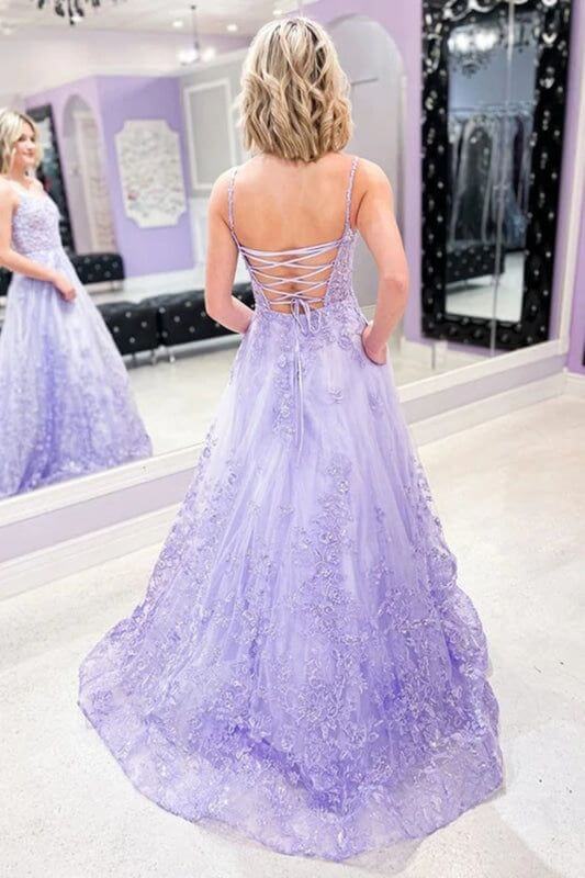 Elegant Long Violet Prom Dresses with 3D Floral Lace - Lavender Formal Gown for Homecoming, Evening Parties & Special Occasions