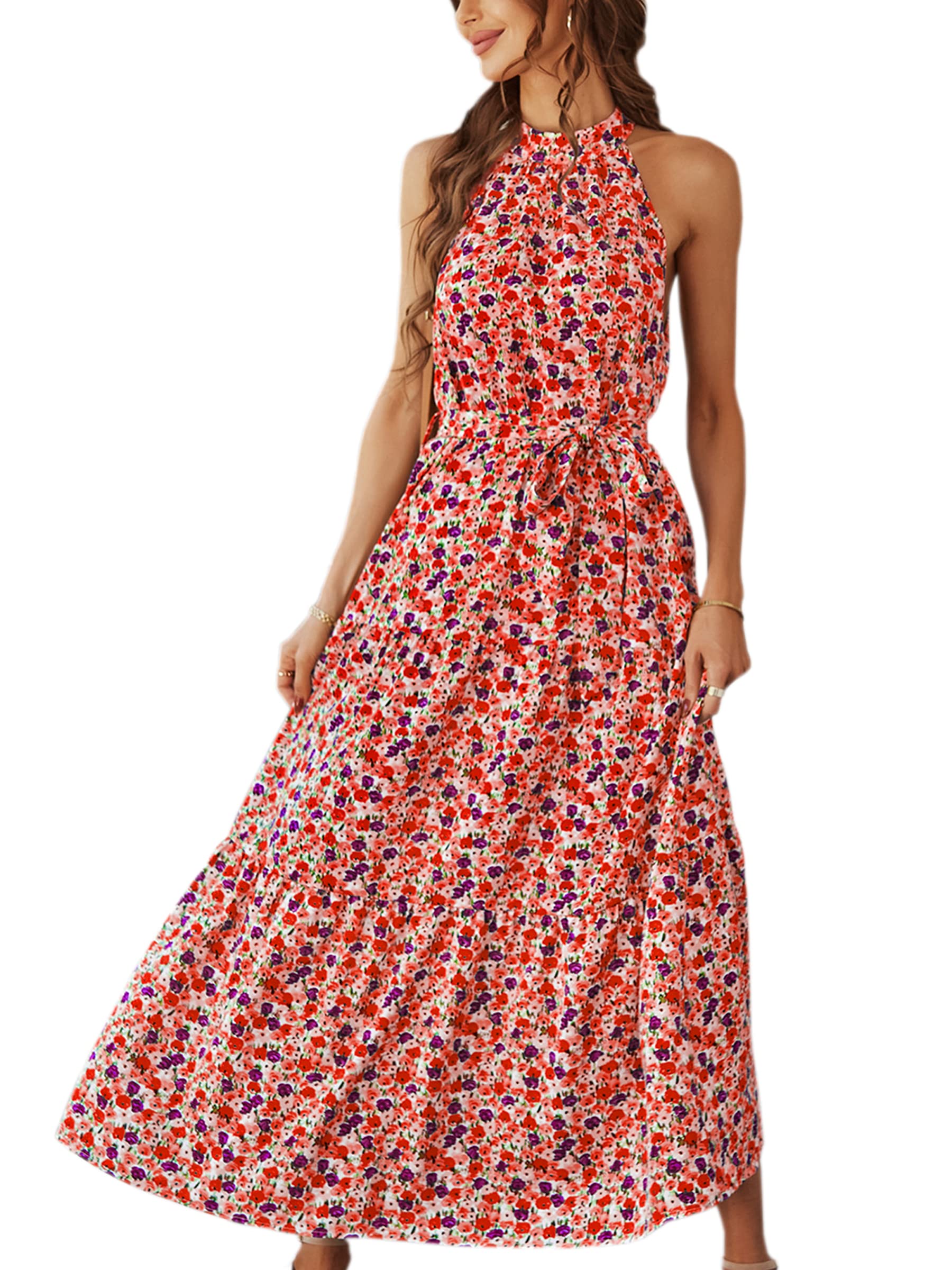 ECOWISH Women's Boho Floral Print Halter Neck Backless Maxi Dress - Sleeveless Casual Summer Beach Dress for Vacations, Parties & Outdoor Events