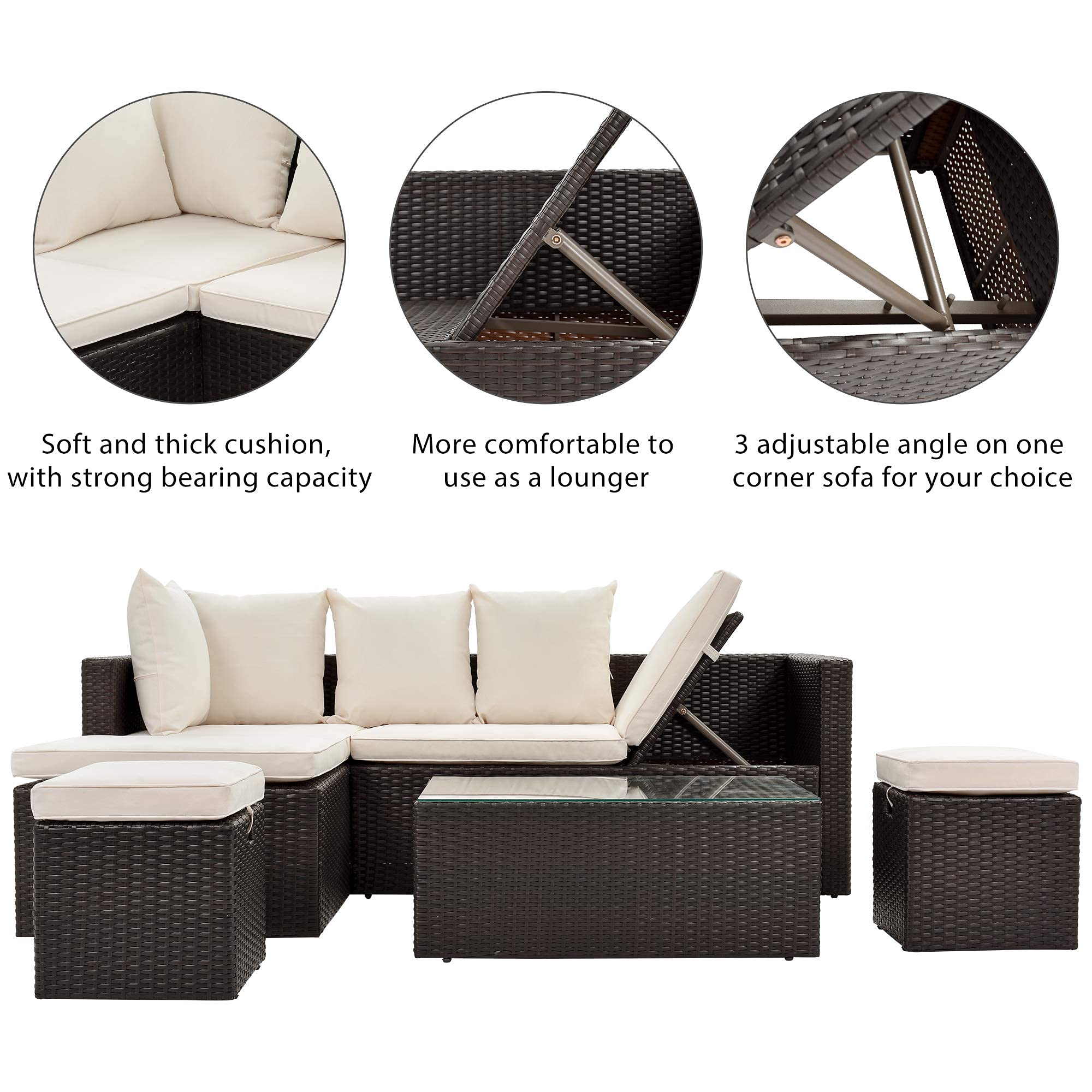 Beacon Pet 5-Piece All-Weather PE Wicker Patio Furniture Set - Adjustable Rattan Chaise Lounge with Tempered Glass Coffee Table & Removable Cushions (Beige/Brown) - Perfect for Outdoor Garden, Poolside & Backyard Relaxation