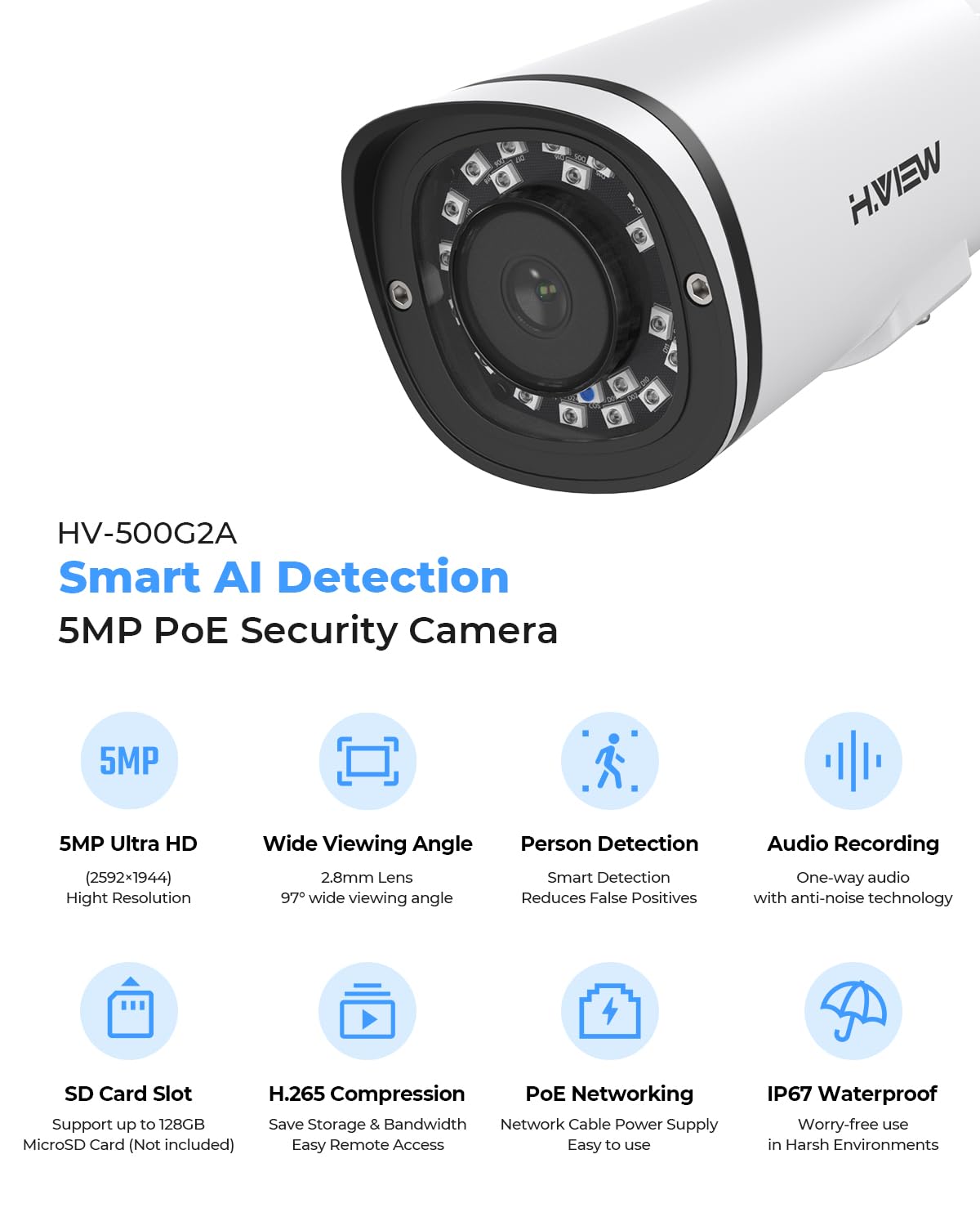 H.VIEW 5MP PoE IP Bullet Security Camera Outdoor - Ultra HD 1440P, Weatherproof, One-Way Audio, Built-in SD Card Slot, 2.8mm Lens, Human Detection, Motion Alerts (4 Pack) - Ideal for Home Security, Business Surveillance & Night Monitoring