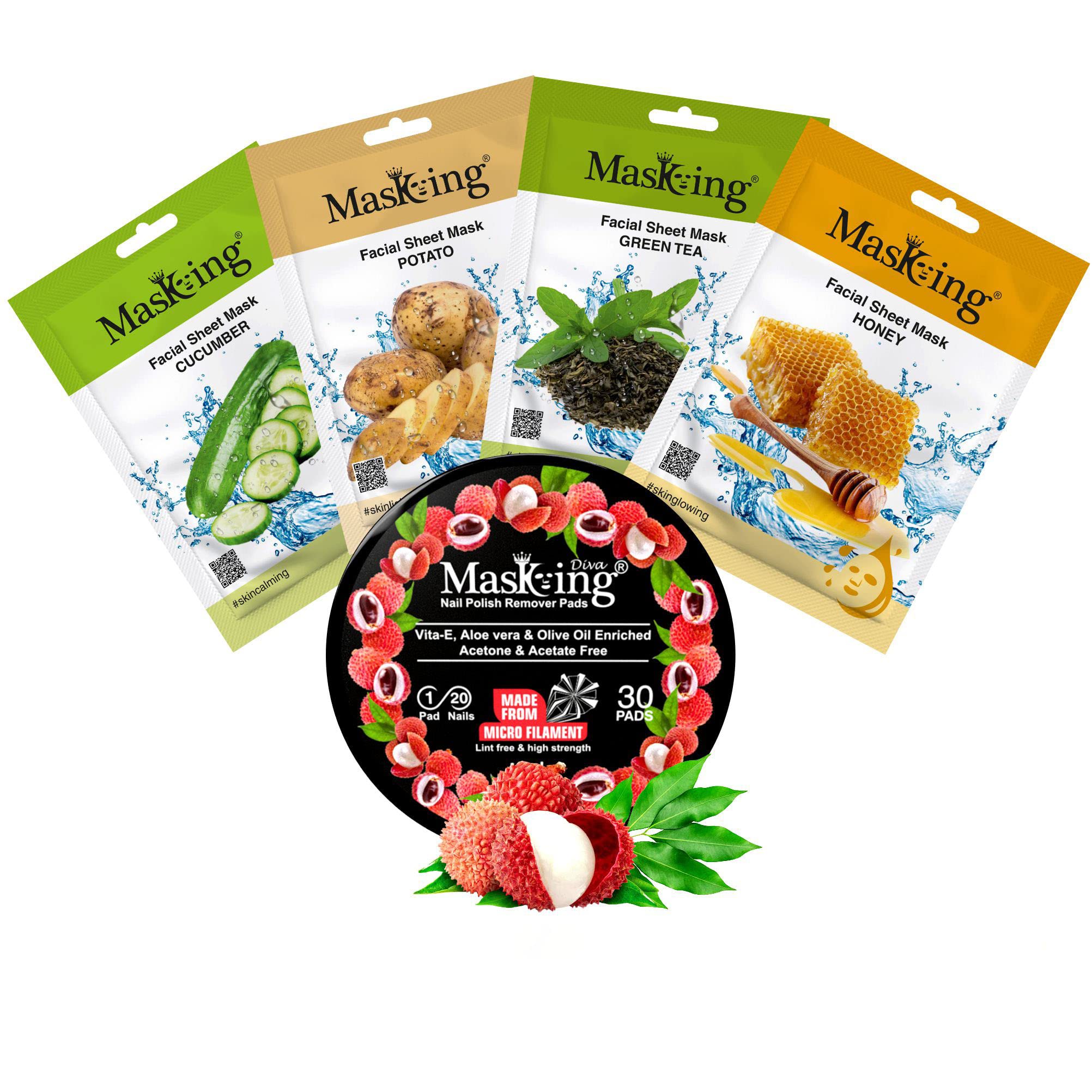 MasKing Beauty Facial Sheet Mask Set - Cucumber, Potato, Green Tea & Honey Extract Combo Pack (4 Masks) | Diva Litchi Nail Polish Remover with 30 Round Pads - Hydrating & Gentle for Women & Men - Perfect for Spa Day, Travel & At-Home Skincare Routine