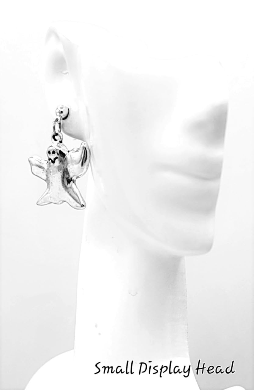 Ghost Charm Dangle Earrings - 23x24mm Silver Alloy Hypoallergenic Earrings with Fishhook & Ball Post Options | Gothic Jewelry for Halloween, Cosplay & Everyday Wear