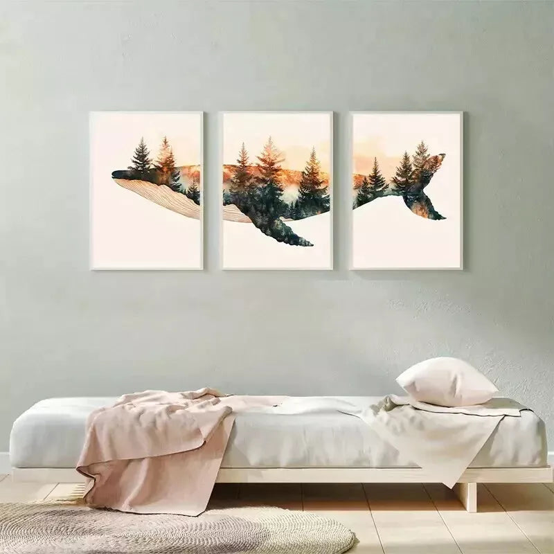 3-Piece Whale & Forest Triptych Wall Art Set - Framed Canvas 50x70cm (20x28in) - High Quality Print - 100% Australian Made - Ready to Hang - Perfect for Living Room, Bedroom or Office Decor