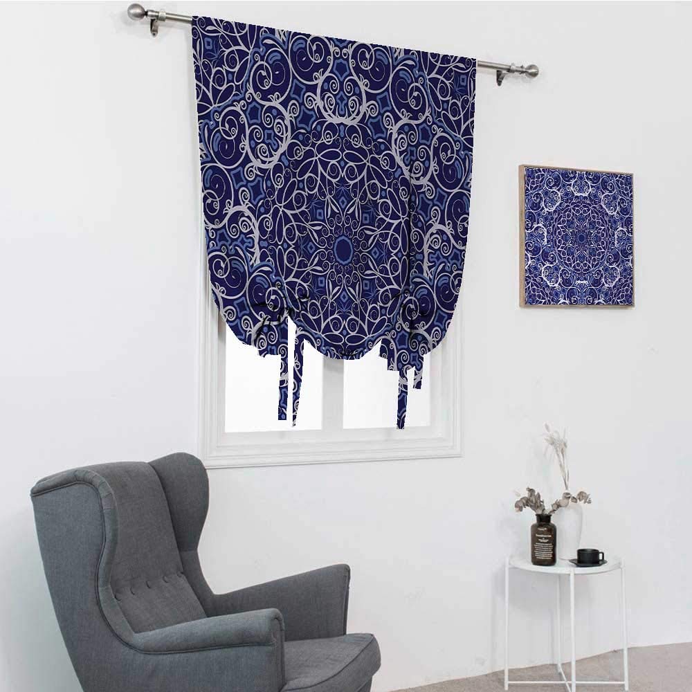 Navy Blue Bohemian Floral Print Window Blinds | Modern Circular Pattern Tie-Up Drapes in Purple, Blue & White | 39