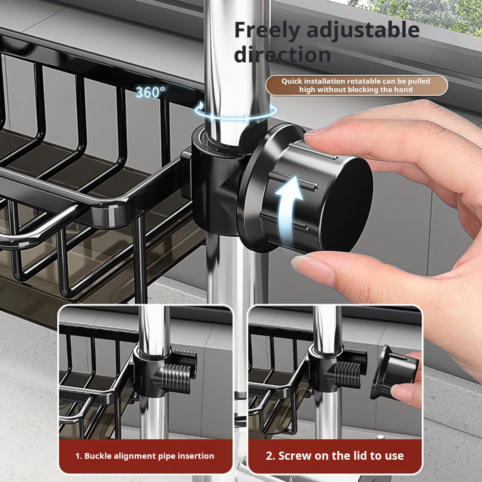 **2024 Multifunctional Kitchen Sink Organizer – Dish Sponge Holder & Faucet Caddy for 0.7-1.1 Inch Round Pipes (Black) – Perfect for Clutter-Free Sinks & Organized Cleaning Supplies**