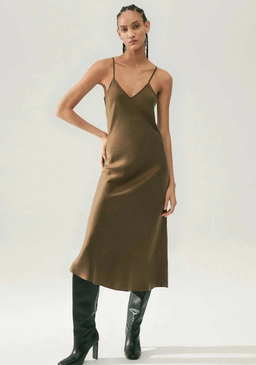 90s Slip Dress in Dark Earth - Vintage-Inspired Silky Nightgown & Loungewear for Women | Perfect for Casual Outings, Date Nights & Relaxing at Home