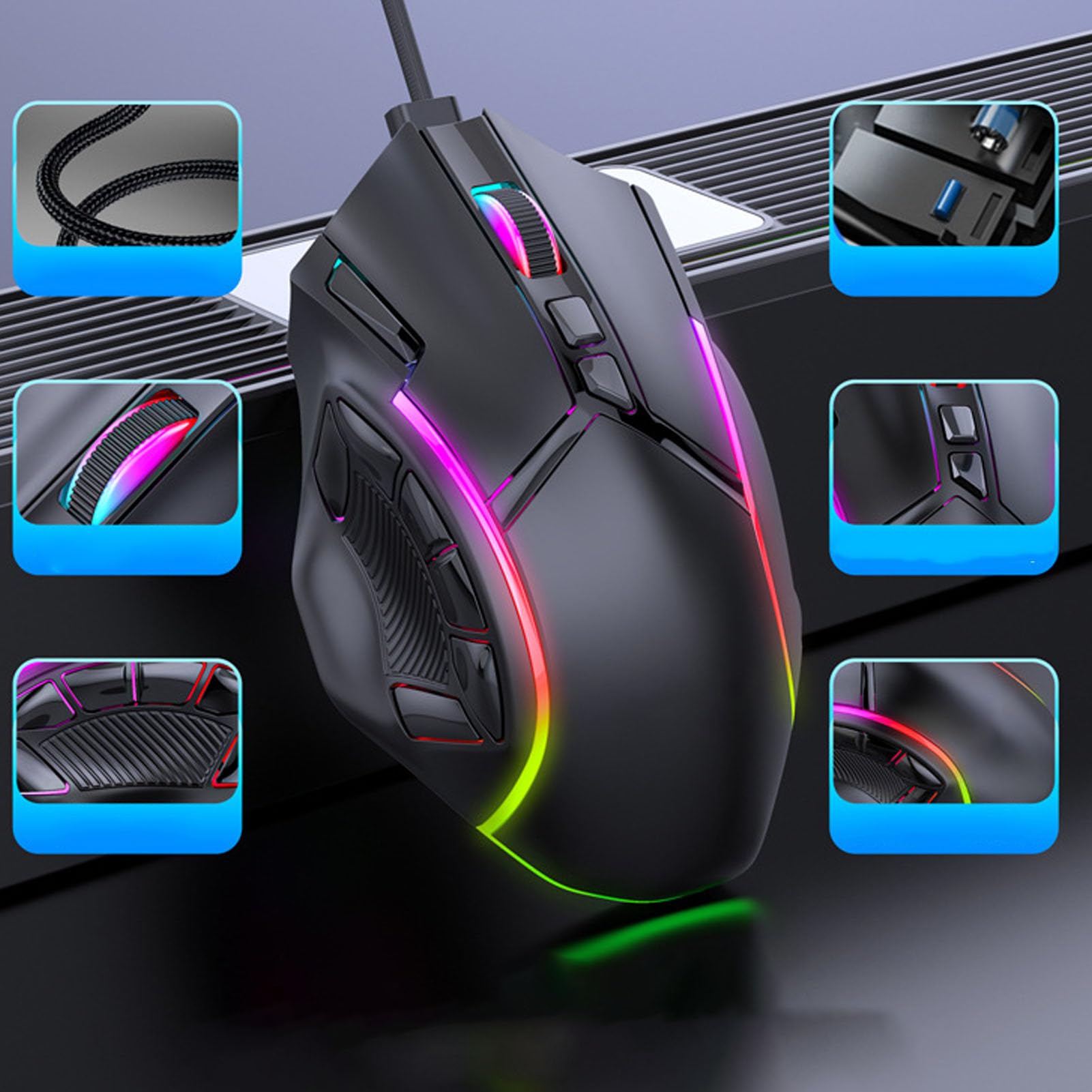 Annadue RGB Gaming Mouse - 12800 DPI, 12 Programmable Buttons, Customizable Color Lighting | Wired Ergonomic PC Gaming Mouse with High Precision Optical Sensor | Perfect for FPS, MOBA Games & Office Work
