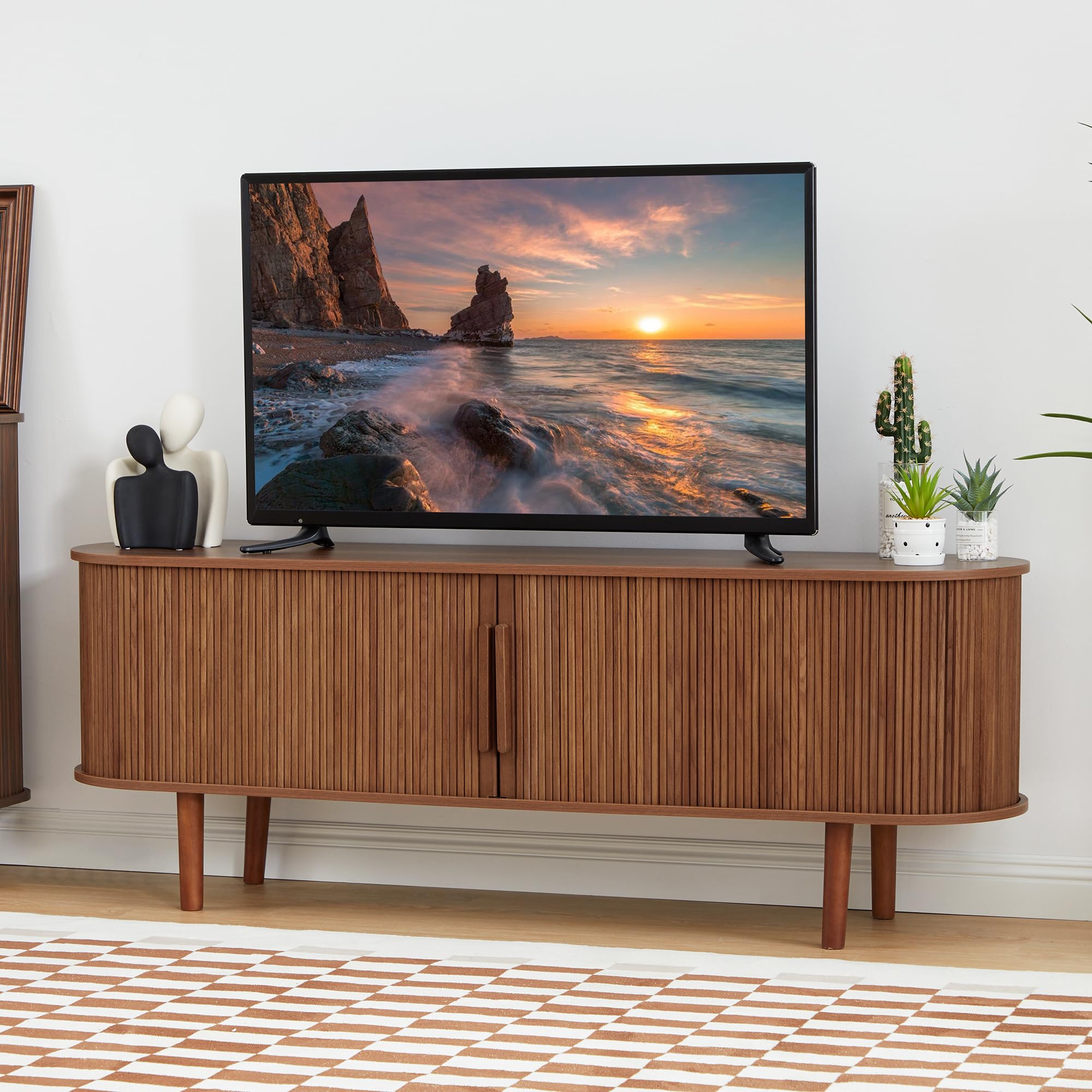 Modern Walnut TV Stand with Storage Compartment & Sliding Doors - Entertainment Center Console Table for Living Room, Bedroom, Office - Perfect for Gaming Setup & Media Organization
