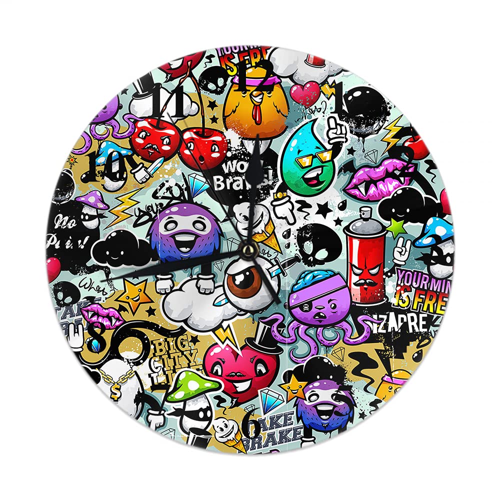 WONDERTIFY 10 Inch Silent Non-Ticking Graffiti Wall Clock with Bizarre Elements - Unique Battery Operated Round Wall Clock for Living Room, Bedroom & Office Decor