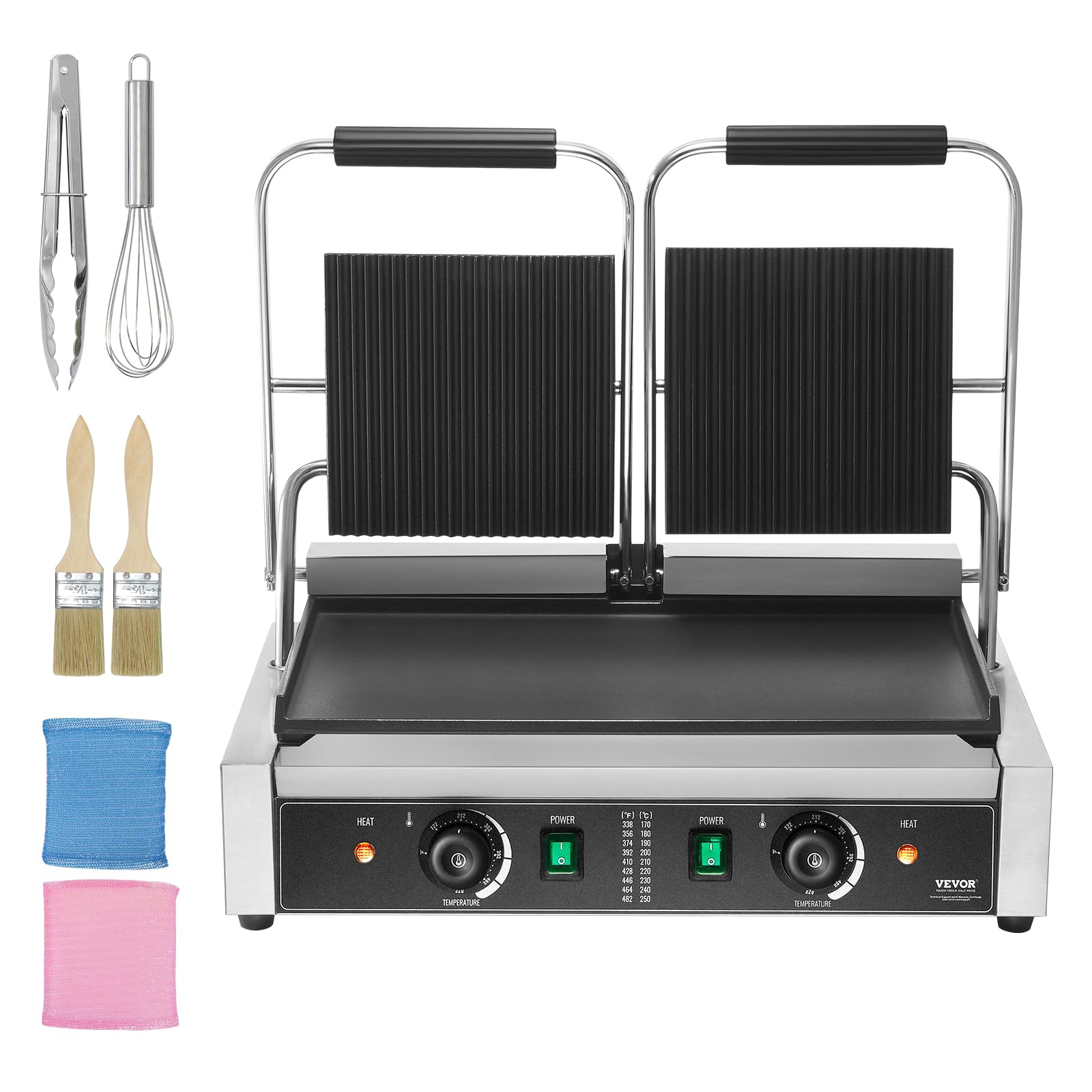 VEVOR 3600W Commercial Electric Panini Grill Press, Stainless Steel Double Sandwich Maker with Temperature Control & 19