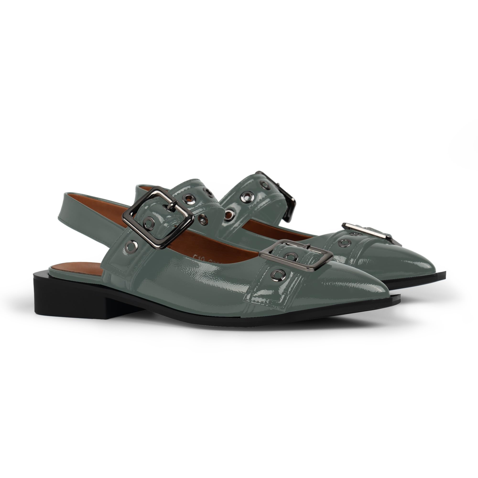Women's Comfortable Buckle Ballet Flats - Pointed Toe Slingback Shoes with Low Chunky Heel & Patent Leather - Perfect for Parties, Weddings & Office Wear