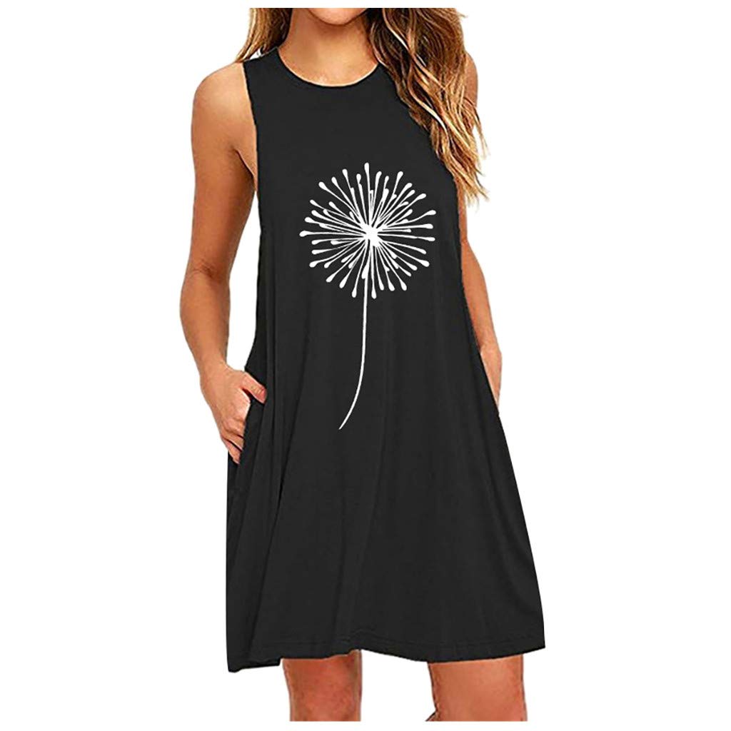 Women's Summer & Spring Casual Dresses 2022 - Sleeveless Modern Pocket Dress with Dandelion Print, Nightdress for Most Wished Choice | Perfect for Beach, Vacation, and Evening Outfits