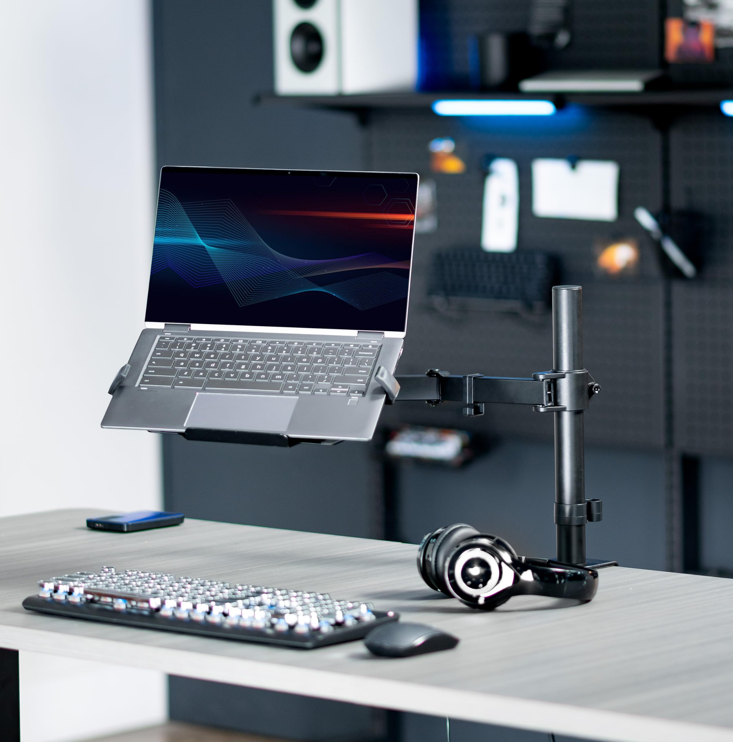 VIVO Adjustable Laptop Stand for 12 to 15.6 Inch Notebooks - Ergonomic Desk Mount with Cooling RGB Fan (Black, STAND-V001LF) - Perfect for Home Office, Gaming Setup & Workspace Organization