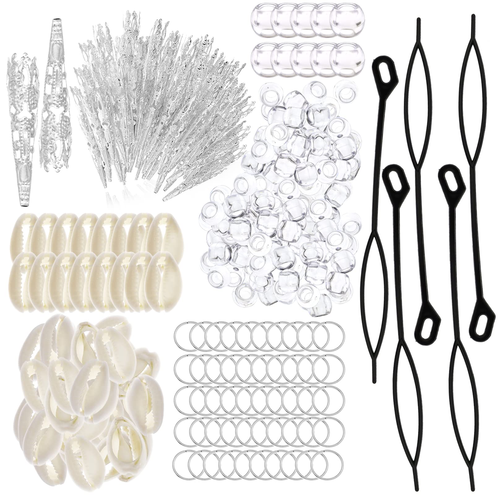 455 Pcs Clear Beads Dreadlocks Accessories for Women - Silver Metal Clips & Shell Pendants for Cornrow Braids & Locs Hair Jewelry | Perfect for Boho, Festival & Everyday Hair Decoration