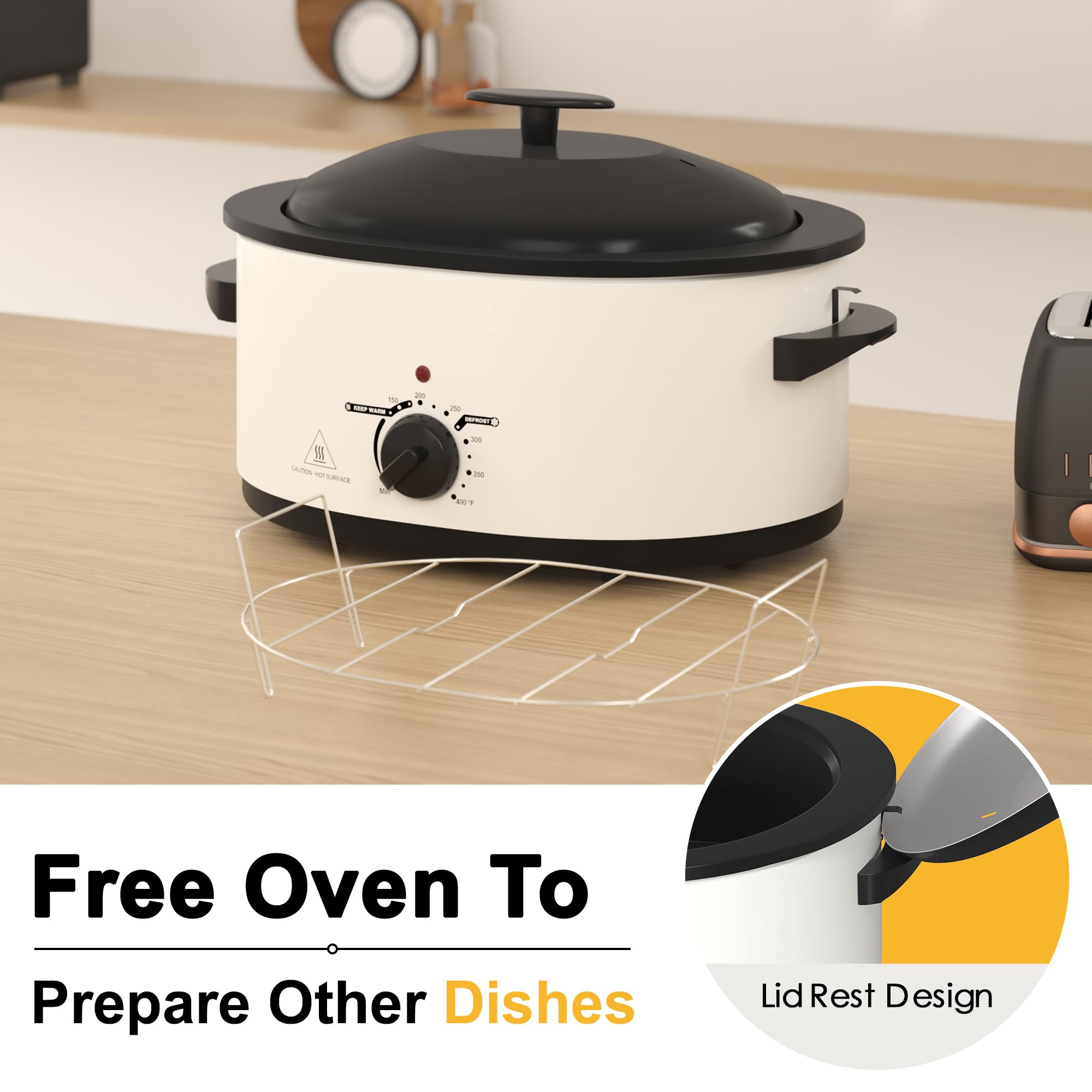 8 Quart Electric Roaster Oven with Self-Basting Lid, Removable Pan & Rack, Stainless Steel White - Perfect for Turkey, Roasts, and Holiday Feasts