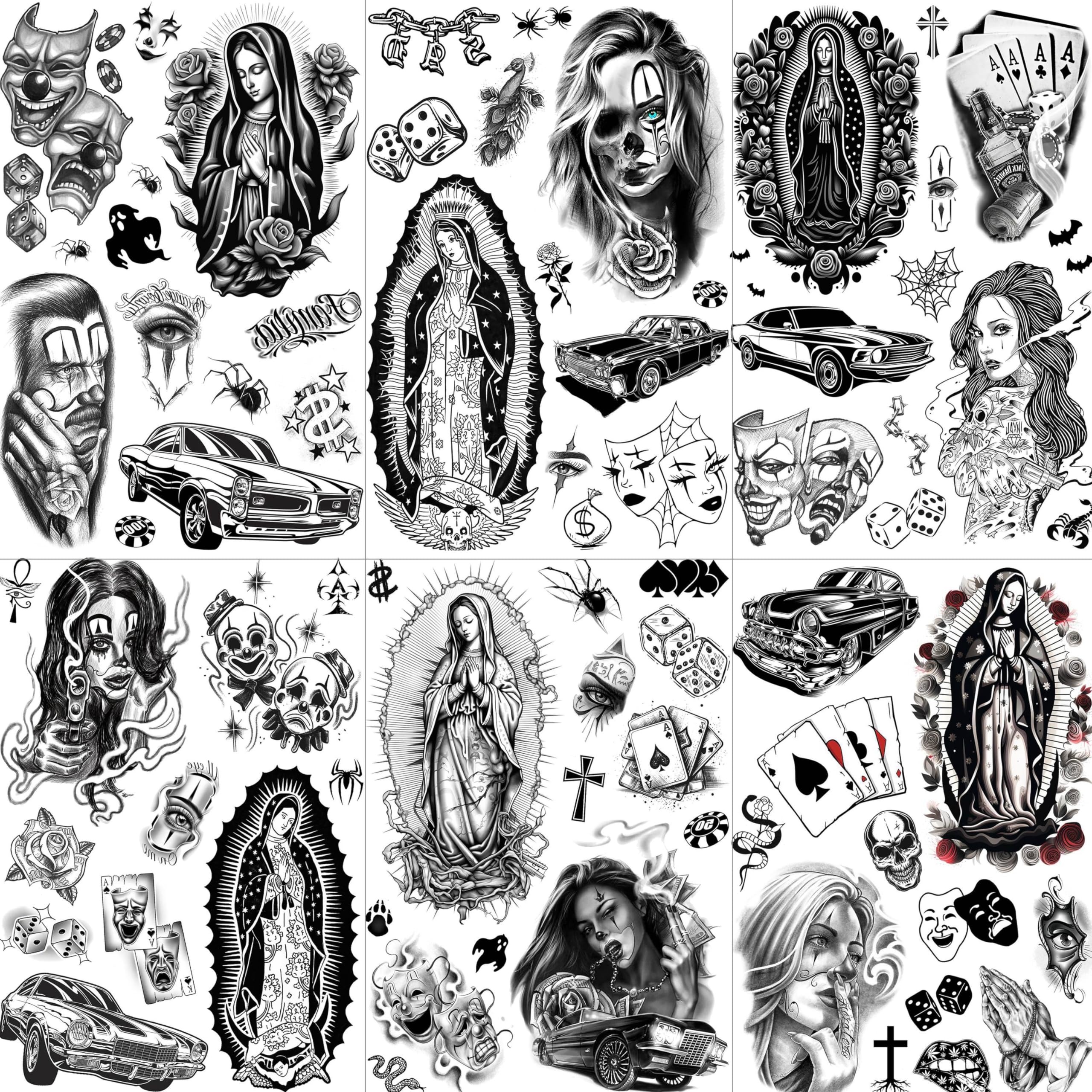 6 Sheets Chicano Temporary Tattoos for Women & Men - Black Guadalupe Fake Tattoo Stickers - Halloween Face Makeup Kit - Gangster Payasa Prison Familia Joker Design - Perfect for Halloween Costumes, Parties, and Themed Events