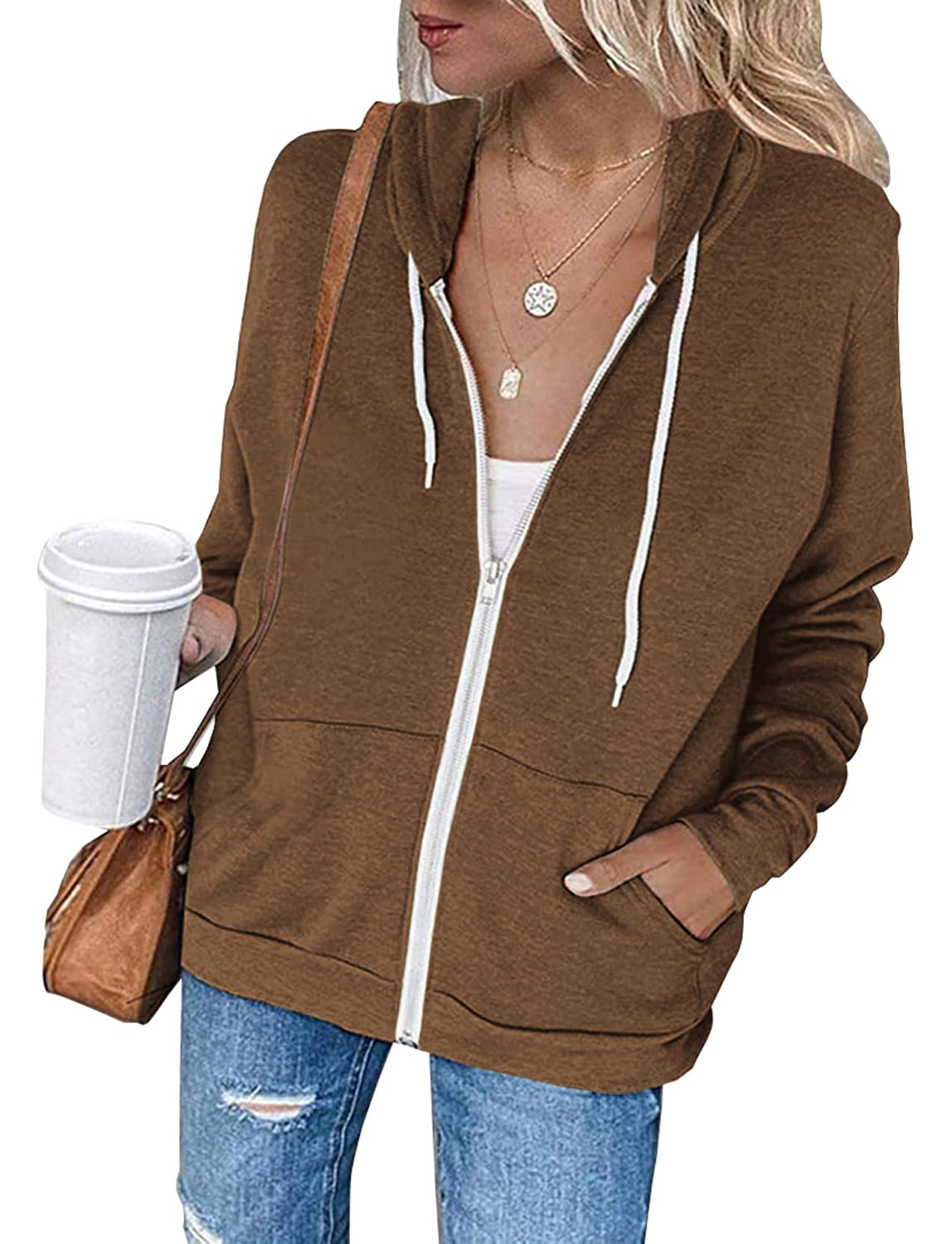 Necooer Women's Plain Zipper Hoodie Jacket with Pockets - Casual Pullover Sweatshirt for Everyday Wear, Gym, and Outdoor Activities