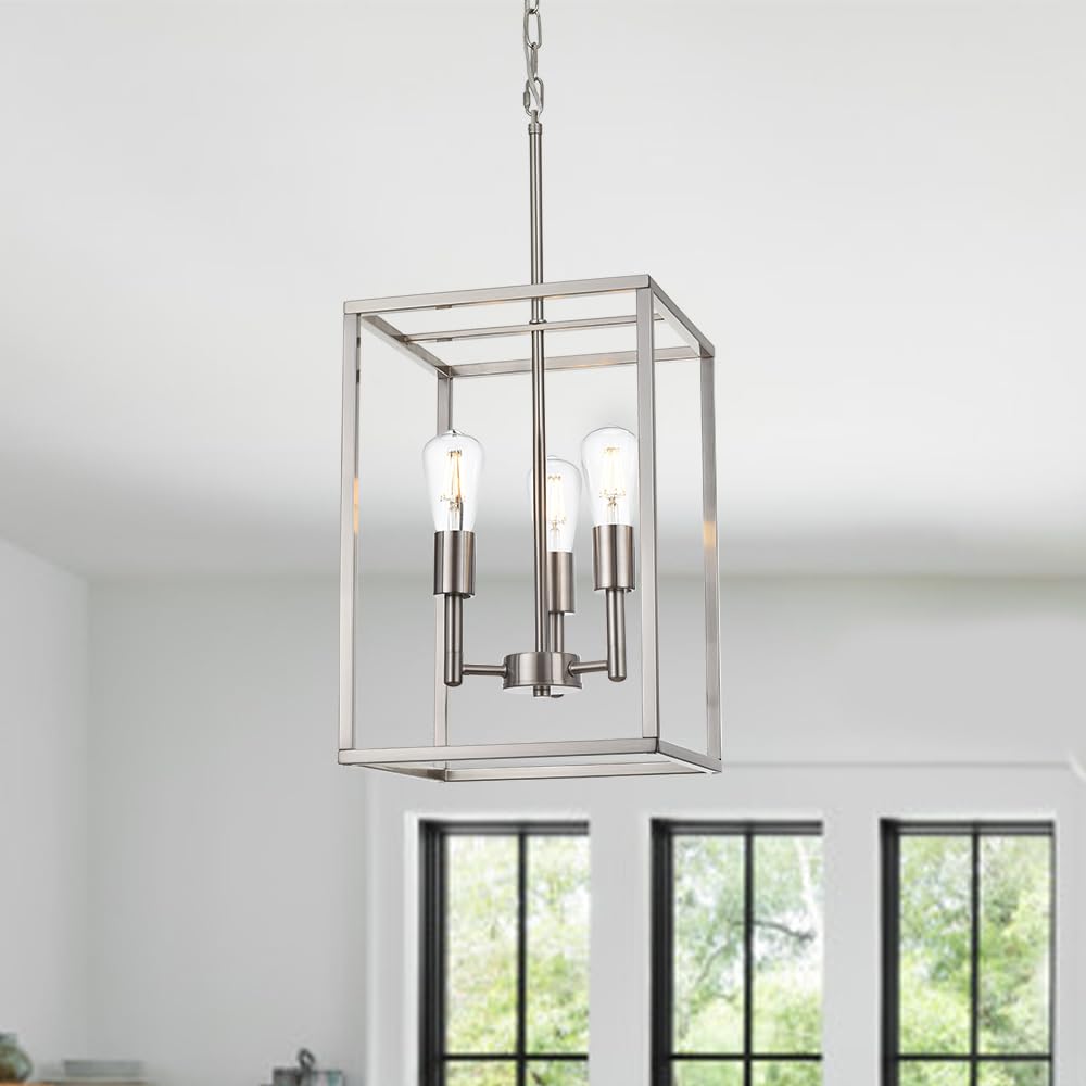 3-Light Brushed Nickel Chandelier - Industrial Pendant Lighting Fixture with Modern Metal Cage Design for Ceiling - Perfect for Foyer, Dining Room, Kitchen Island & Farmhouse Decor