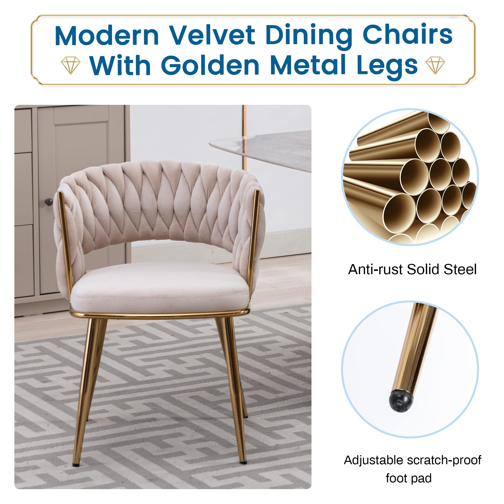 KCC Modern Velvet Dining Chairs Set of 4 - Upholstered Living Room Chairs with Woven Back & Gold Metal Legs - Mid Century Accent Side Chairs for Dining Room, Kitchen, Office - Soft Beige Velvet Fabric - Perfect for Home Decor, Entertaining Guests & Comfortable Seating