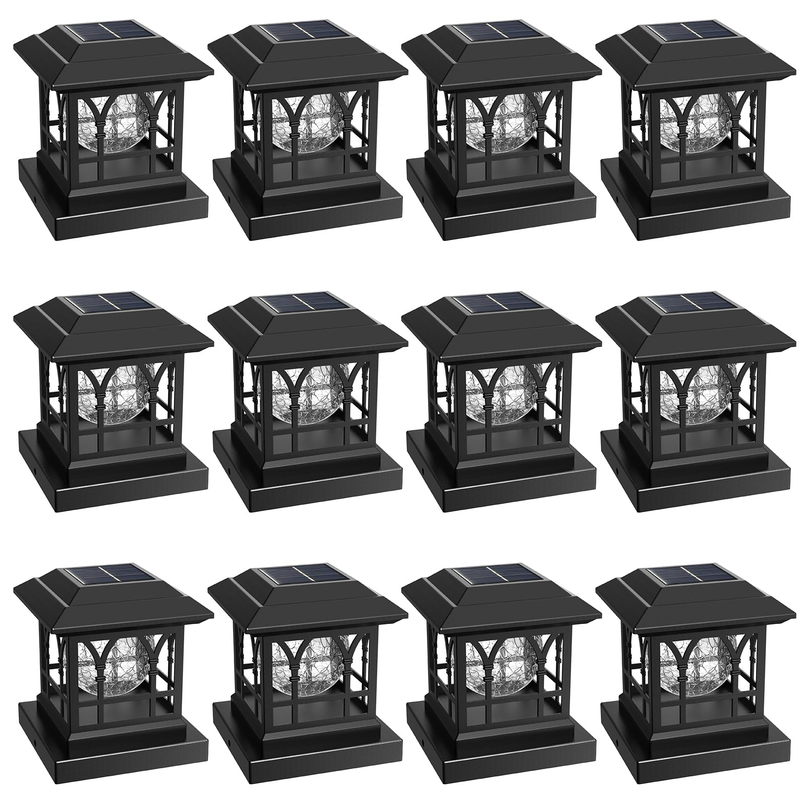 Solar Post Cap Lights - 12 Pack Black Crackle Glass Fence Lights, 20 Lumens Warm White & RGB Auto Color Changing, Waterproof for 3.6x3.6 to 5x5 Wood/Vinyl Posts - Perfect for Patio, Garden, Deck & Pathway Lighting