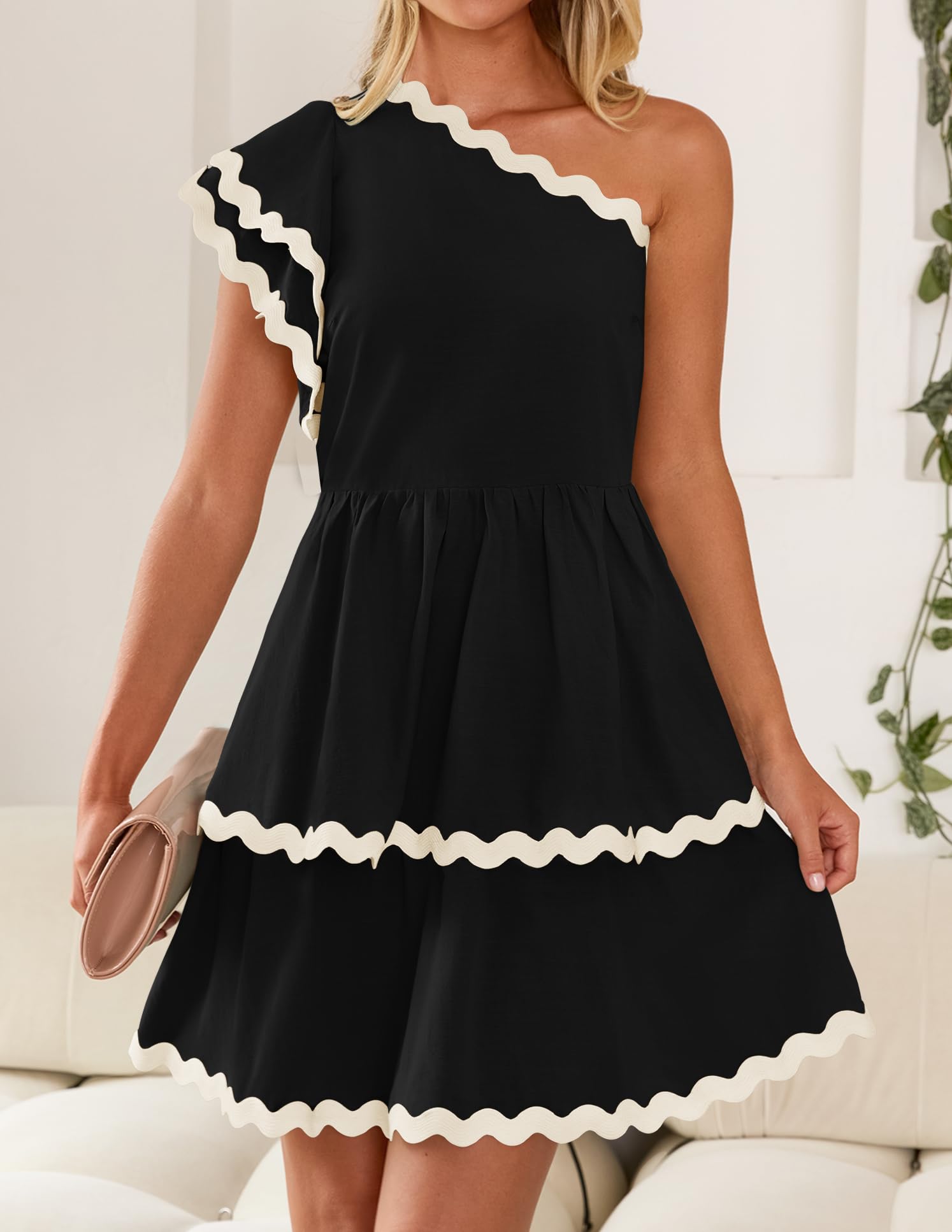 ZESICA Women's One Shoulder Ruffled Tiered Mini Sundress - Summer 2025 Short Sleeve A-Line Swing Dress for Beach Vacation, Party & Date Night