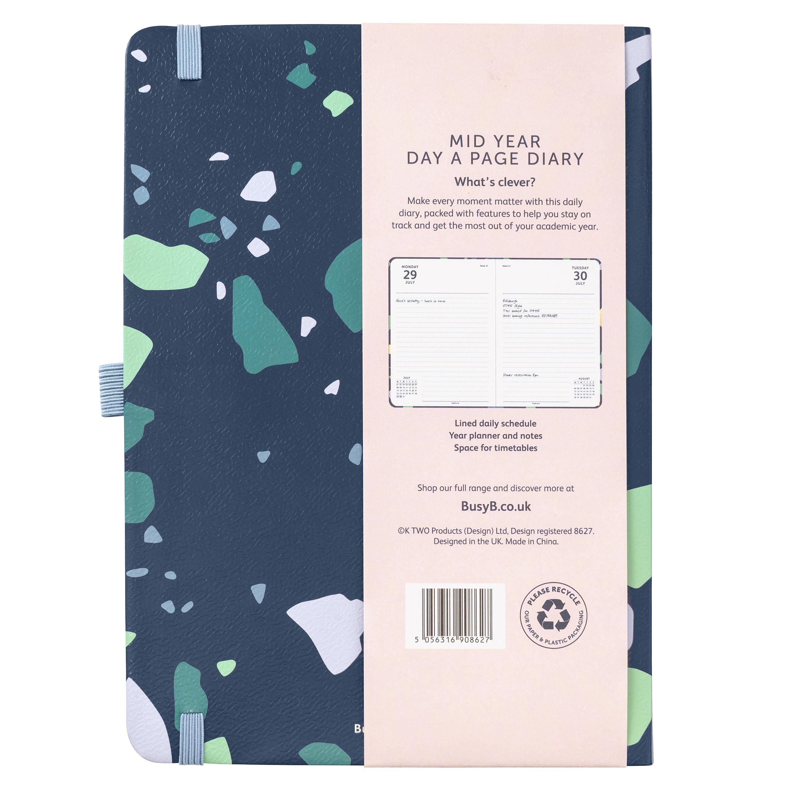 Busy B Mid Year Day a Page Diary August 2024 - August 2025 | Terrazzo A5 Daily Planner with Pen Holder, Elastic Closure & Year Planner | Perfect for Work, School & Personal Organization