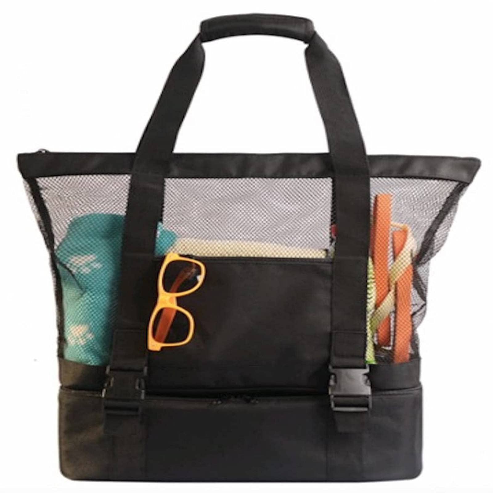 APOO Mesh Beach Tote Bag - Large Portable Travel Storage Organizer with Toy Compartment | Perfect for Beach Trips, Poolside, Camping & Picnic Outings | Water-Resistant Black Medium Size Carryall