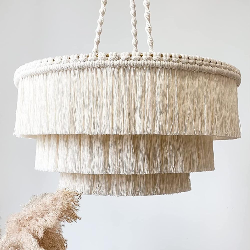 Bohemian Tassel Pendant Light - Handmade Boho Chandelier with Cotton Fringes, 23 Inch 3-Light Ceiling Fixture for Living Room, Bedroom & Dining Room Decor
