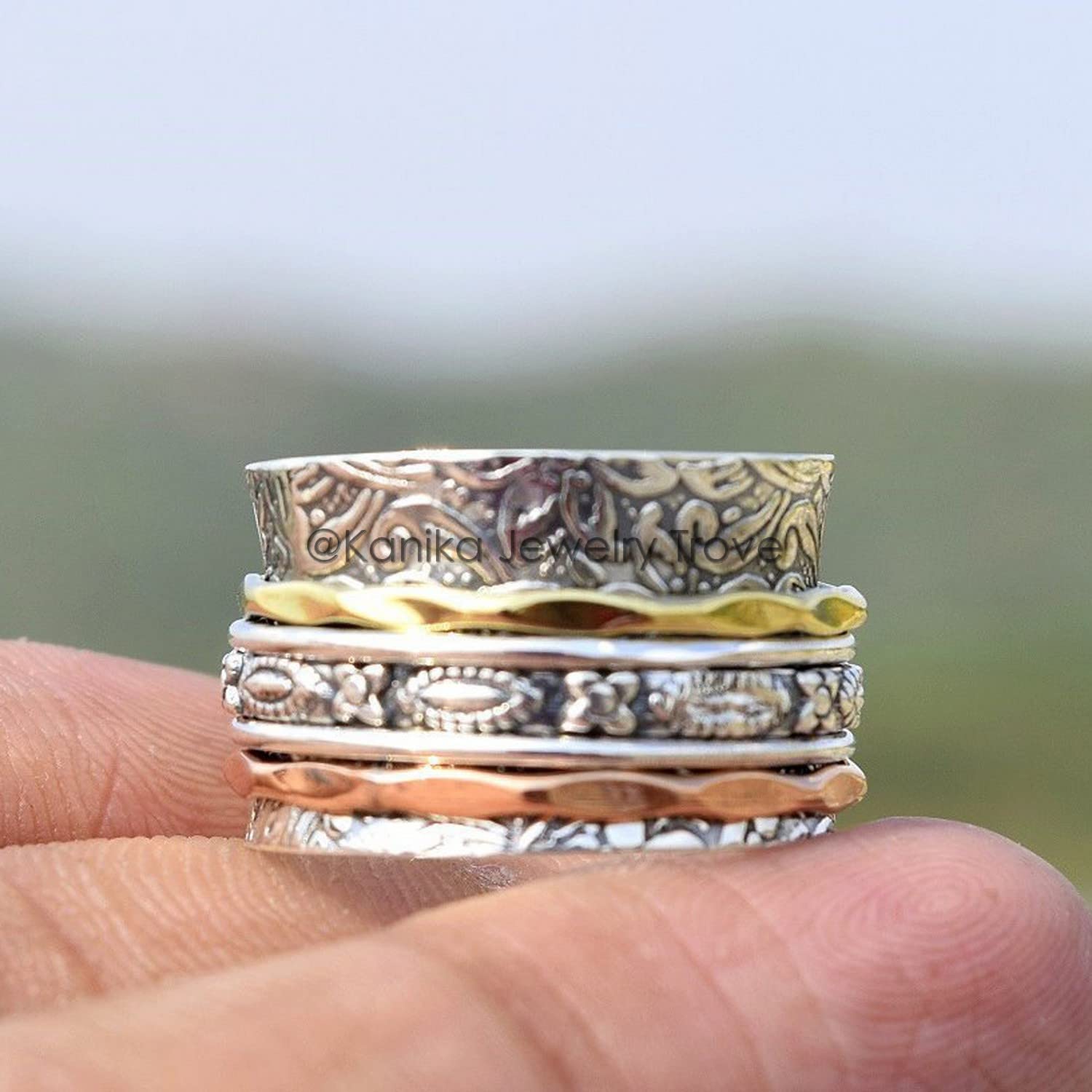 925 Sterling Silver 13MM Wide Band Ring with 5 Spinner Rings - Copper, Brass & Silver Fidget Rings for Women & Men - Anxiety & Stress Relief - Perfect for Yoga, Meditation, Focus & Relaxation - Size 8