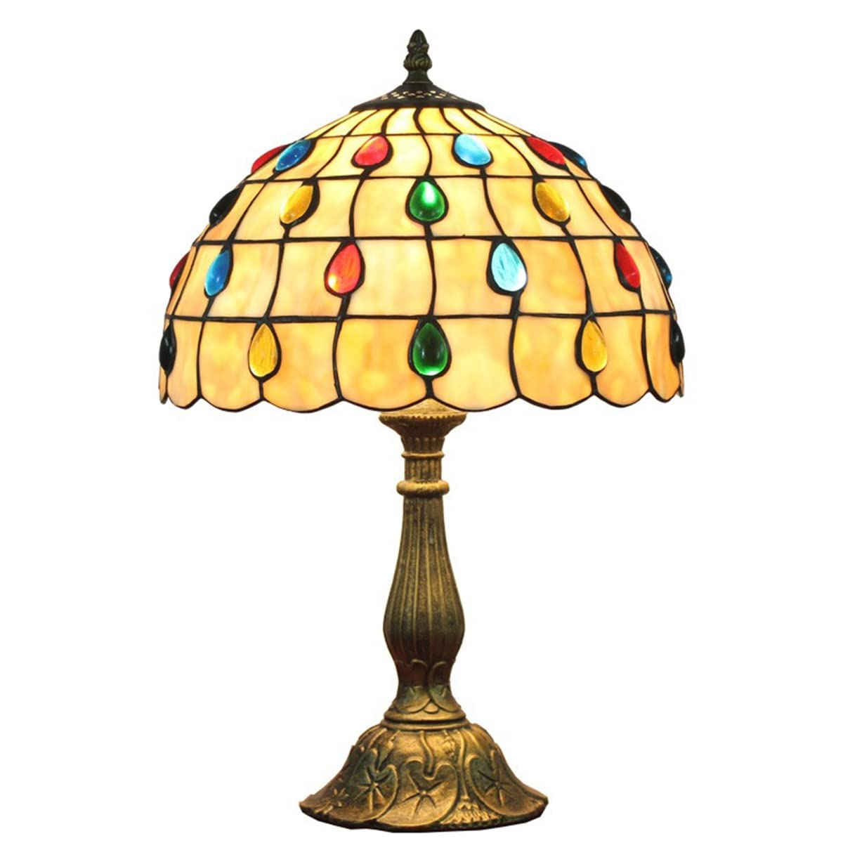 Tiffany Style Stained Glass Table Lamp - 12x18 Inch Yellow Baroque Feather Design Antique Desk Lamp for Reading, Living Room, Bedroom & Bar Decor | Handcrafted Artisan Light with Button Switch | Perfect Gift for Home & Office