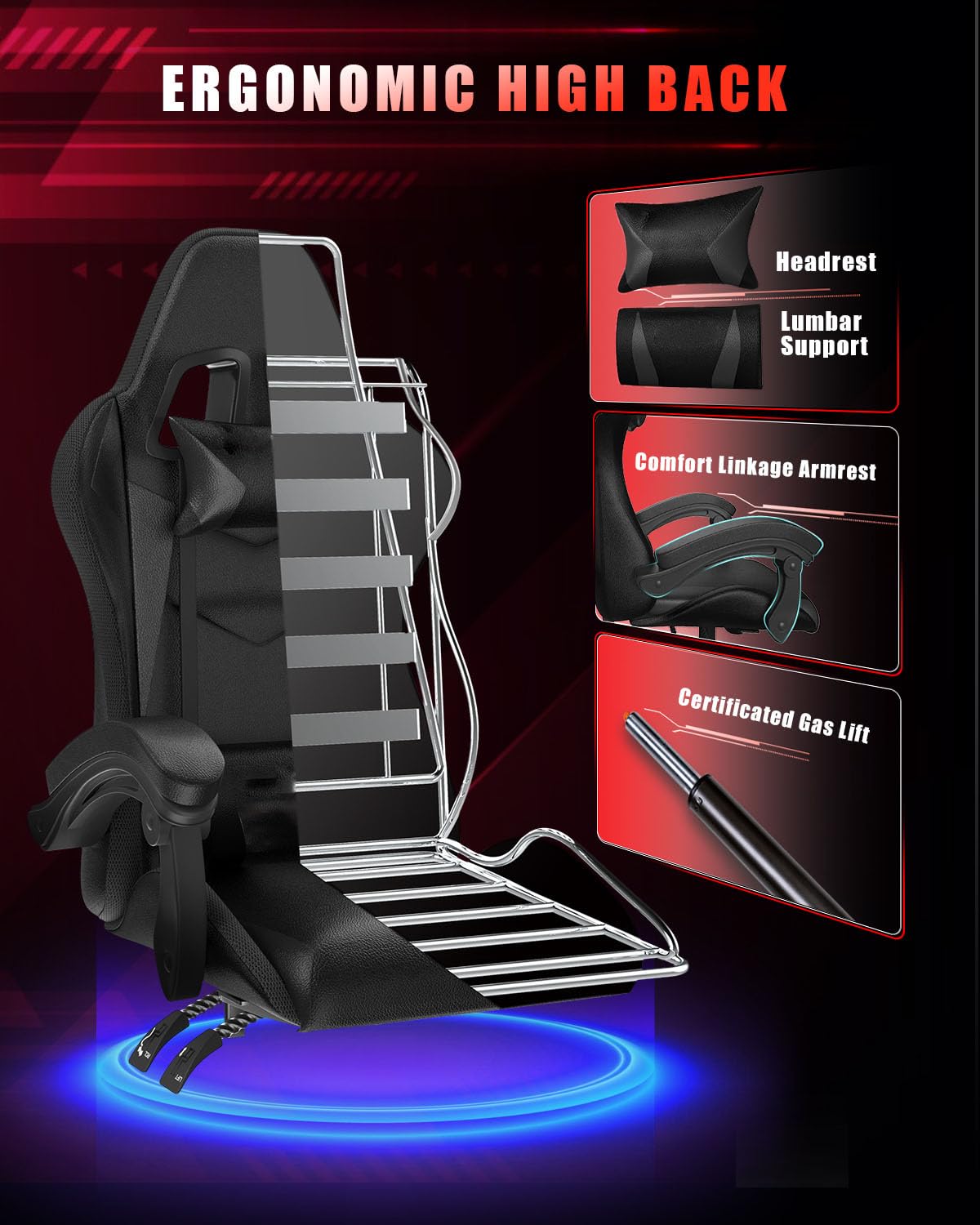 Premium Ergonomic Gaming Chair with RGB LED Lights - Adjustable Headrest & Lumbar Support - Racing Style Recliner with Swivel Seat & Height Adjustment - Perfect for PC Gaming, Esports & Home Office (Black)