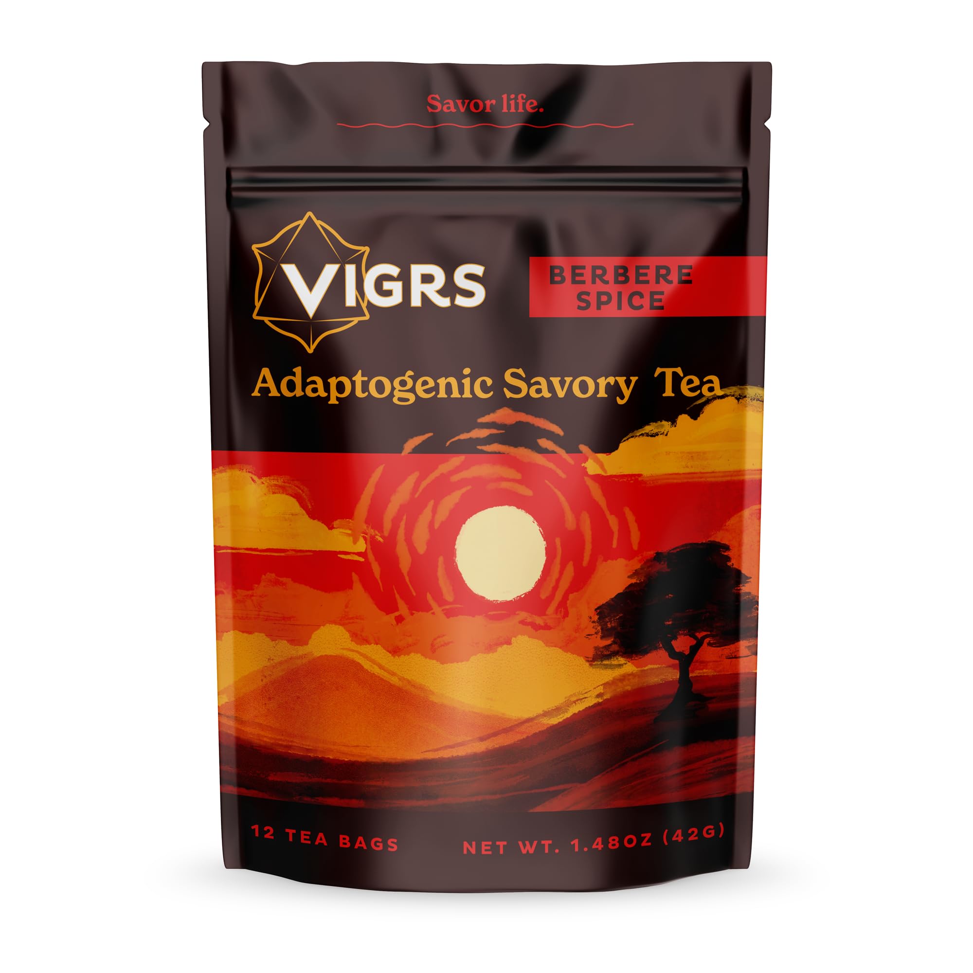 Vigrs Adaptogenic Herbal Sipping Broth Sachets - Berbere Spiced Indian Flavor, Vegan, Keto, Gluten Free, 12 Pack | Perfect for Intermittent Fasting, Wellness Rituals & Savory Tea Time