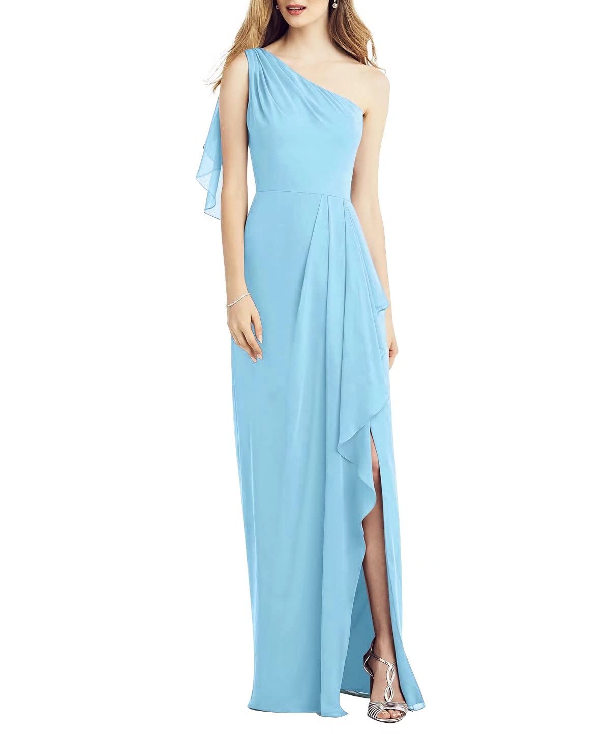 Elegant A-Line One Shoulder Bridesmaid Dress - Sleeveless Floor Length Formal Gown with Front Slit & Ruffle Detail | Perfect for Weddings, Proms & Evening Galas