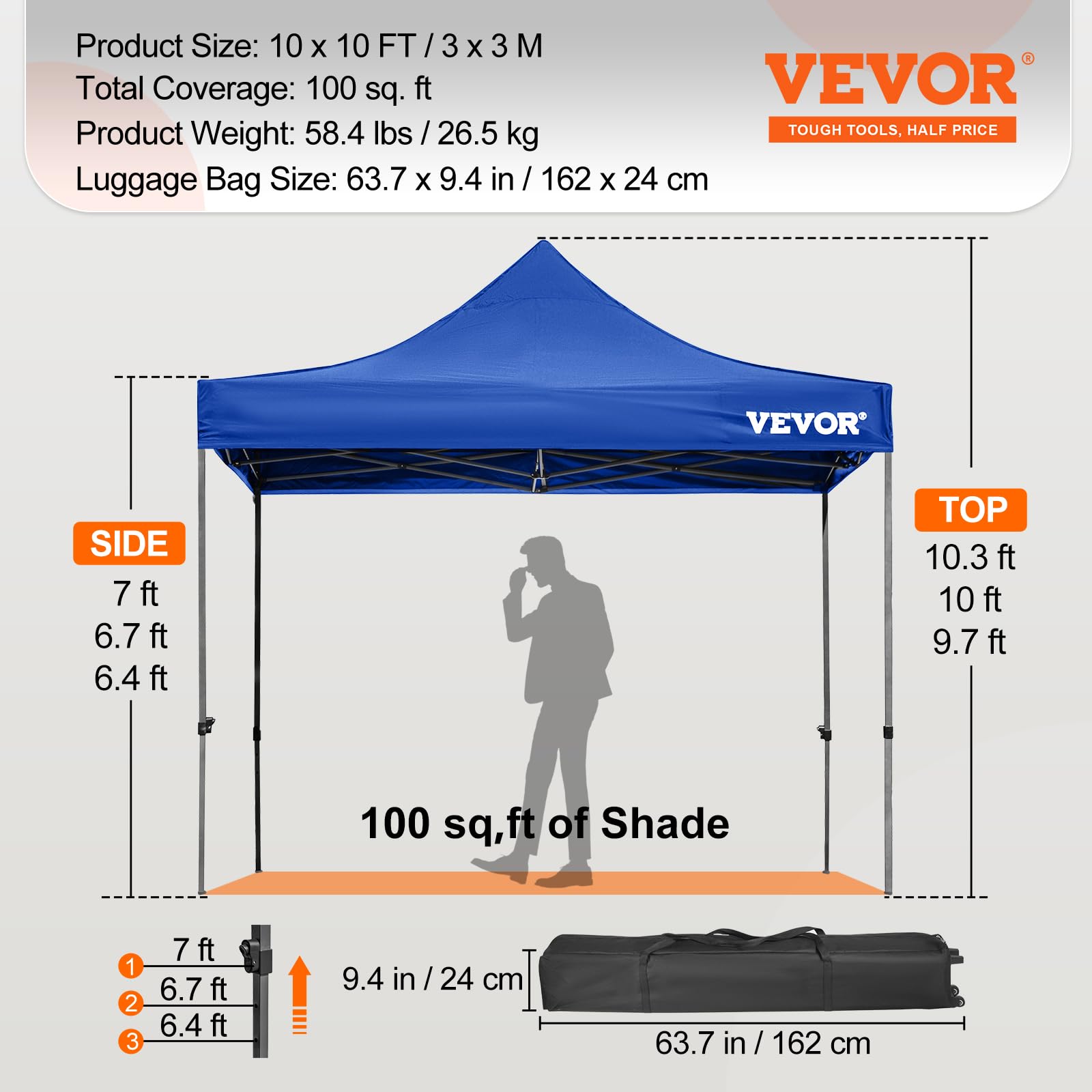 VEVOR 10x10 Pop Up Canopy Tent with Removable Sidewalls & Wheeled Carry Bag - Instant Portable Shelter for Outdoor Events, UV-Resistant Waterproof Gazebo for Camping, Parties, Farmers Markets, Beach & Backyard Gatherings - Blue Commercial Grade Canopy Tent