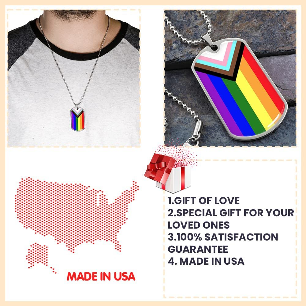 Customized Progress Pride Necklace - Rainbow LGBTQ+ Dog Tag Pendant with Gift Box | Gay, Lesbian & Bisexual Pride Jewelry | Perfect for Pride Month, Couples Gifts & Everyday Wear