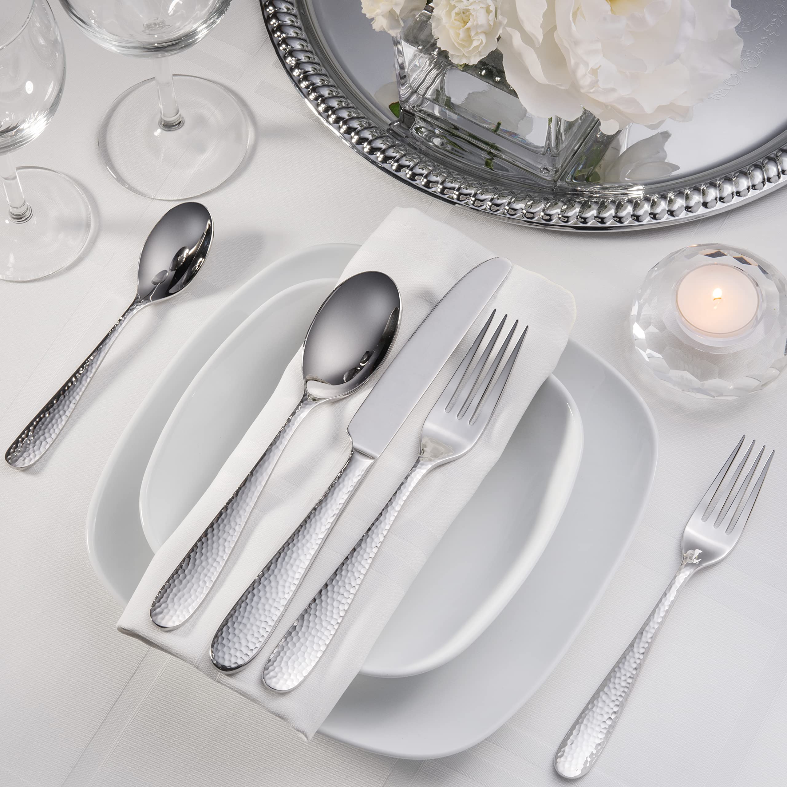 Premium 40-Piece Hammered Silverware Set - 18/10 Stainless Steel Flatware Service for 8 - Dishwasher Safe - Elegant Dining & Entertaining - Hudson Essentials Bergamo Cutlery Collection